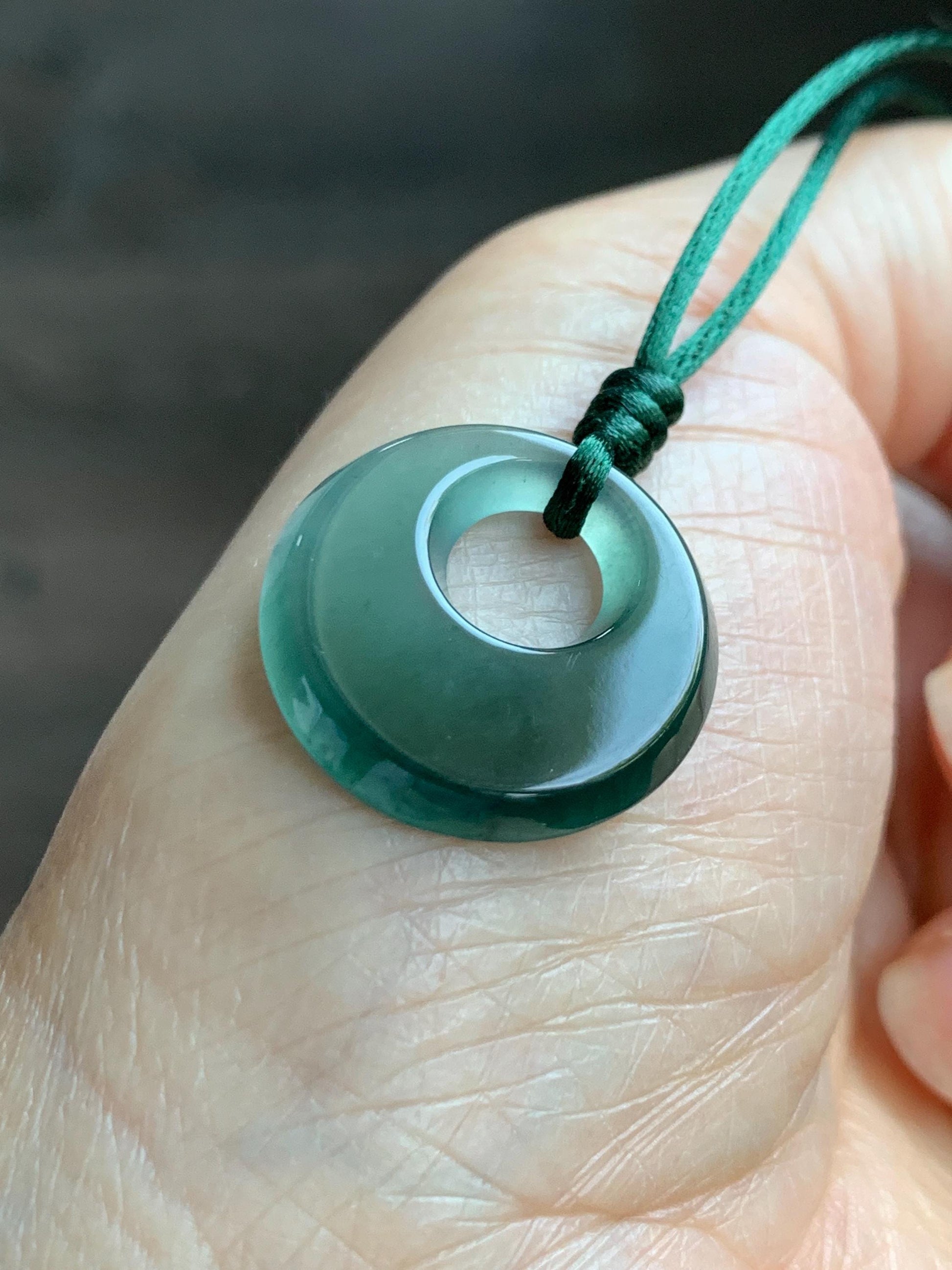 Natural Grade A Guatemalan Icy Translucent Dark Teal Blue Jade Jadeite Ping An Kou Donut Pendant Rope Necklace 25” 天然冰危蓝绿翡翠平安扣项链 WMPK