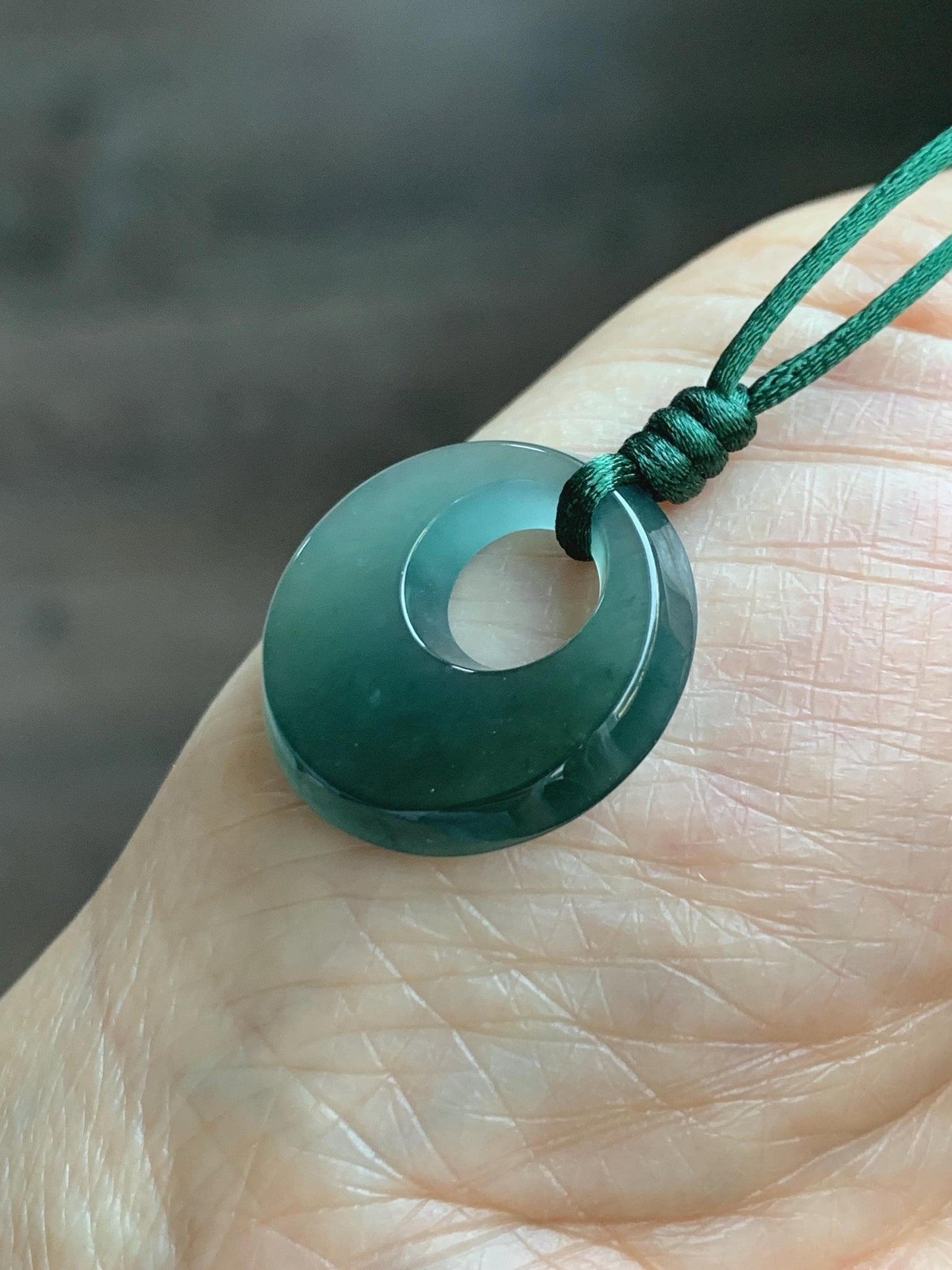 Natural Grade A Guatemalan Icy Translucent Dark Teal Blue Jade Jadeite Ping An Kou Donut Pendant Rope Necklace 25” 天然冰危蓝绿翡翠平安扣项链 WMPK
