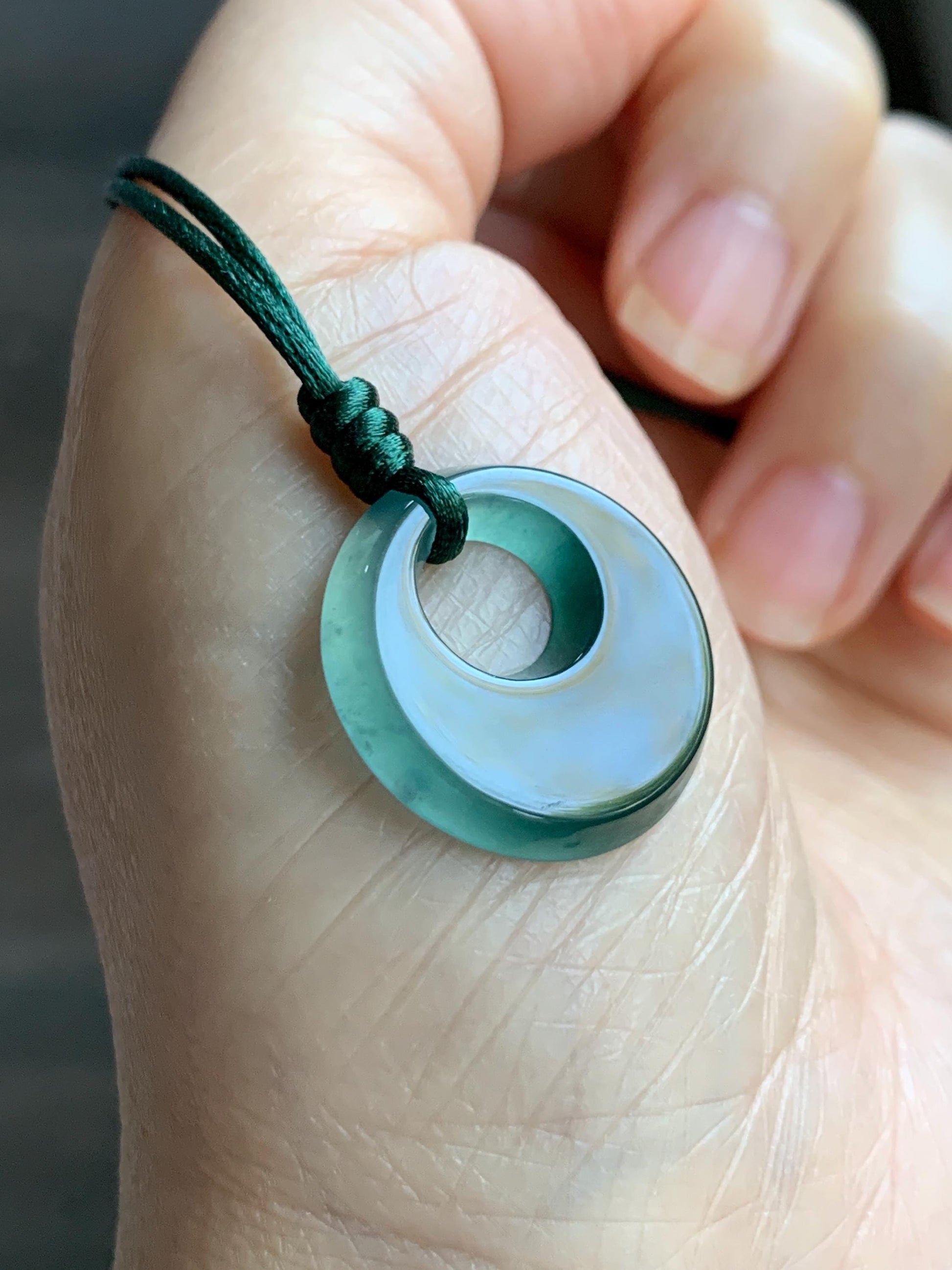 Natural Grade A Guatemalan Icy Translucent Dark Teal Blue Jade Jadeite Ping An Kou Donut Pendant Rope Necklace 25” 天然冰危蓝绿翡翠平安扣项链 WMPK