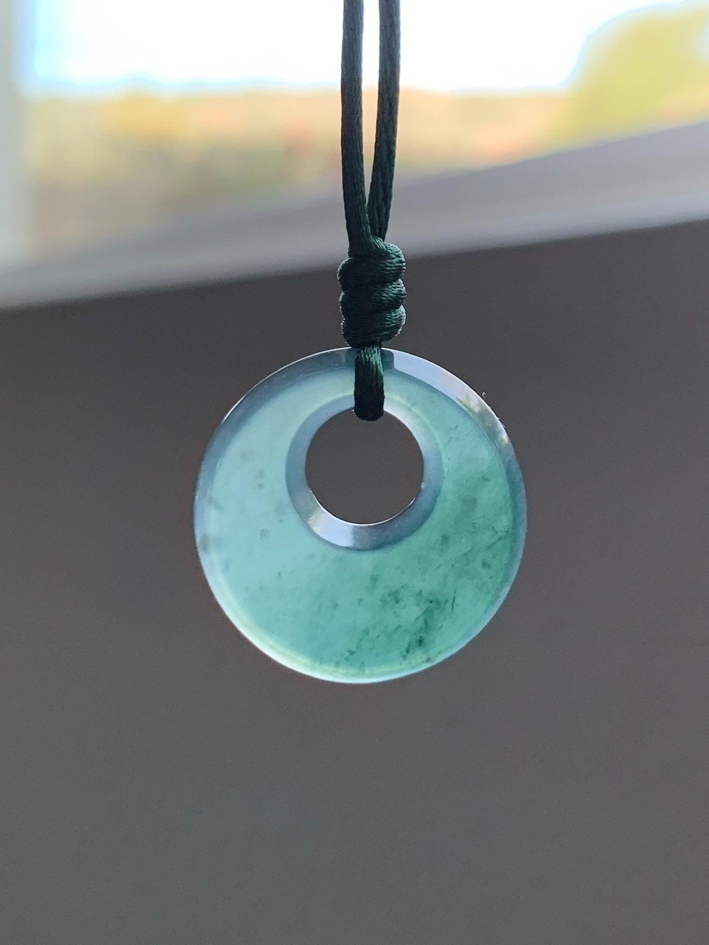 Natural Grade A Guatemalan Icy Translucent Dark Teal Blue Jade Jadeite Ping An Kou Donut Pendant Rope Necklace 25” 天然冰危蓝绿翡翠平安扣项链 WMPK