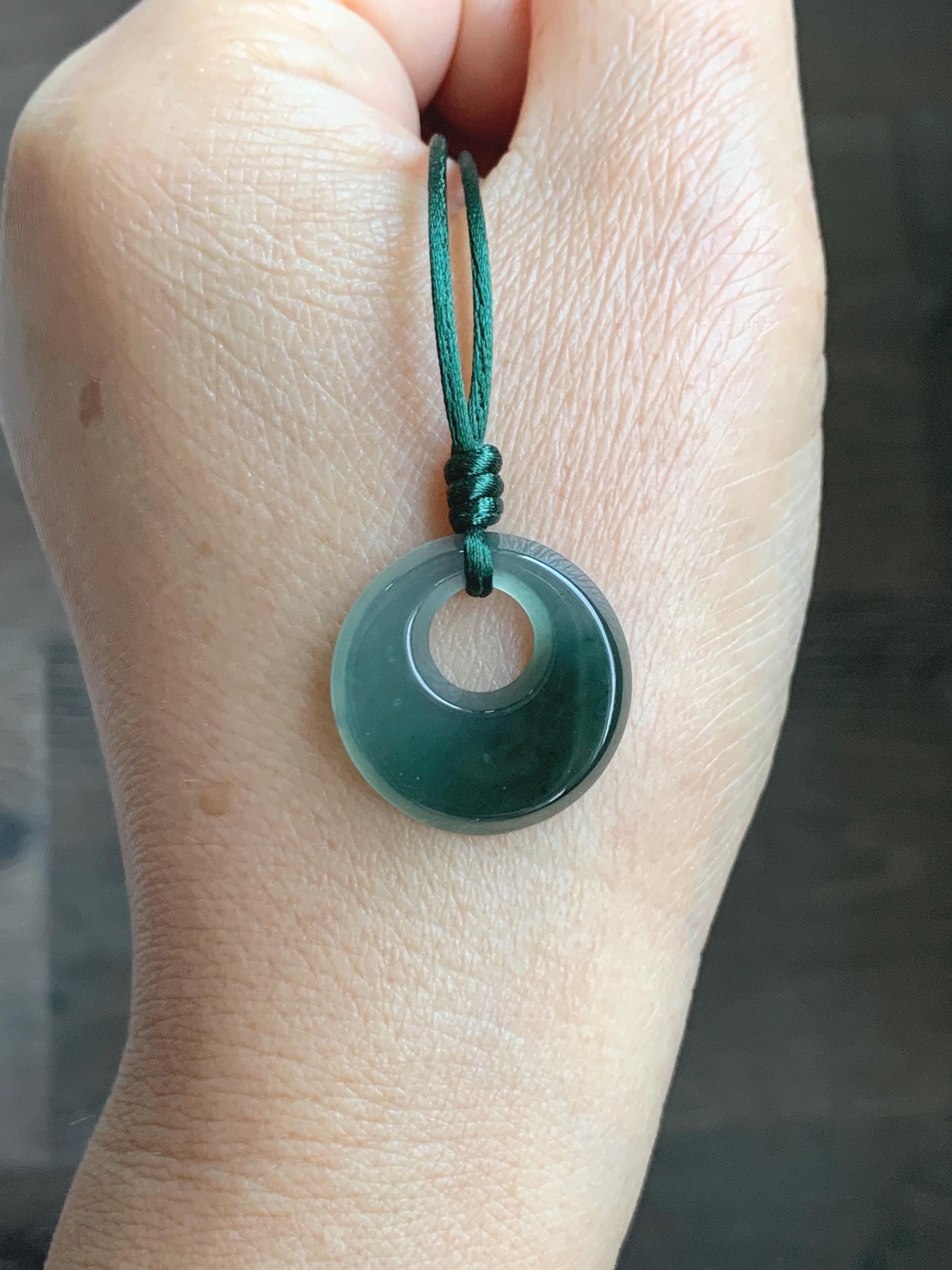Natural Grade A Guatemalan Icy Translucent Dark Teal Blue Jade Jadeite Ping An Kou Donut Pendant Rope Necklace 25” 天然冰危蓝绿翡翠平安扣项链 WMPK