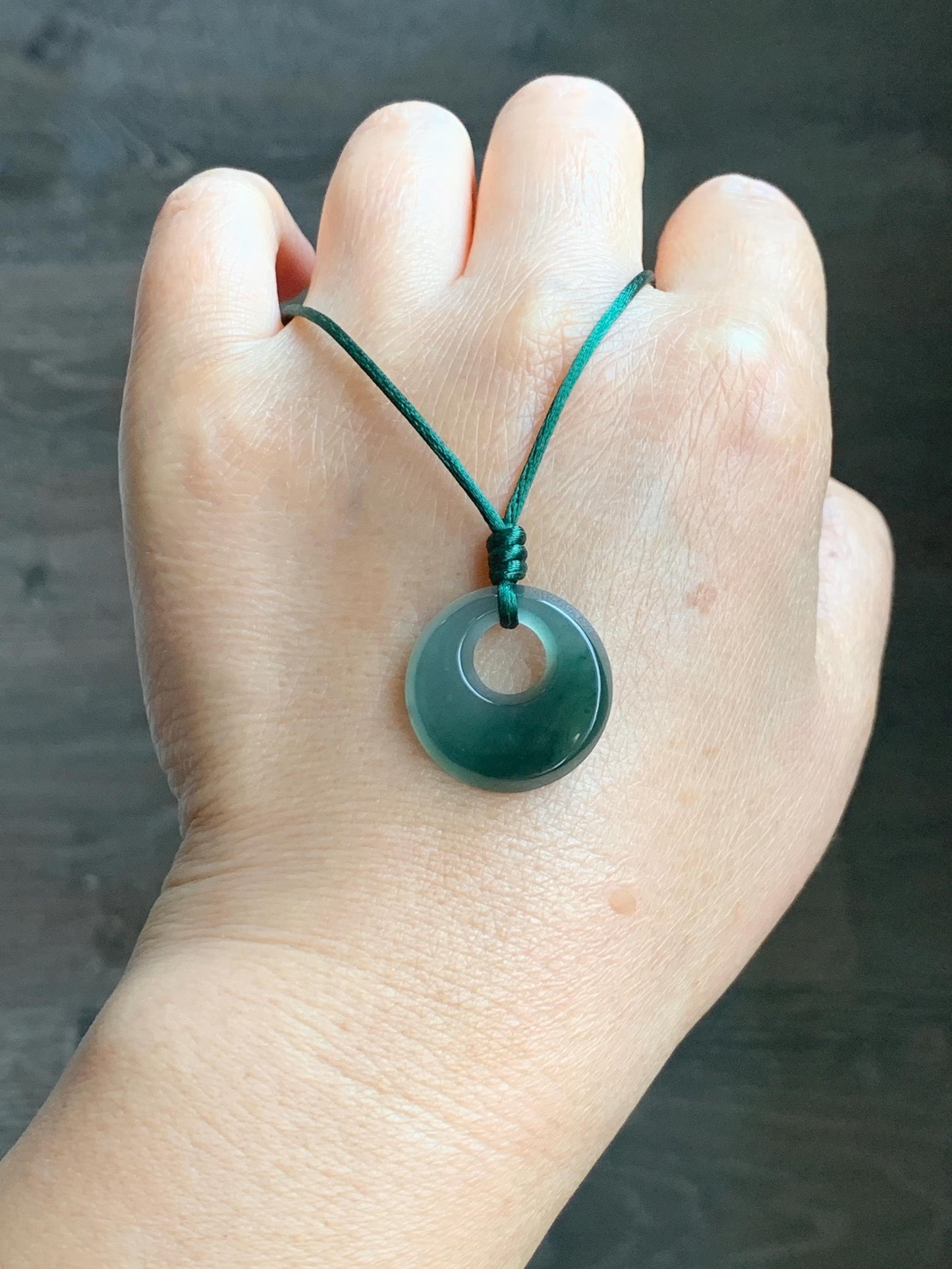 Natural Grade A Guatemalan Icy Translucent Dark Teal Blue Jade Jadeite Ping An Kou Donut Pendant Rope Necklace 25” 天然冰危蓝绿翡翠平安扣项链 WMPK
