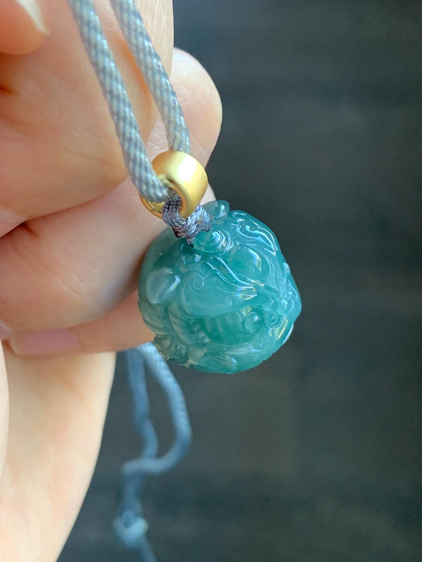 Natural Grade A Guatemalan Icy Translucent Dark Teal Blue Jade Jadeite Dancing Lion Pendant Rope Necklace 26” 14g 天然冰危深蓝绿翡翠醒狮吊坠 XSH140B
