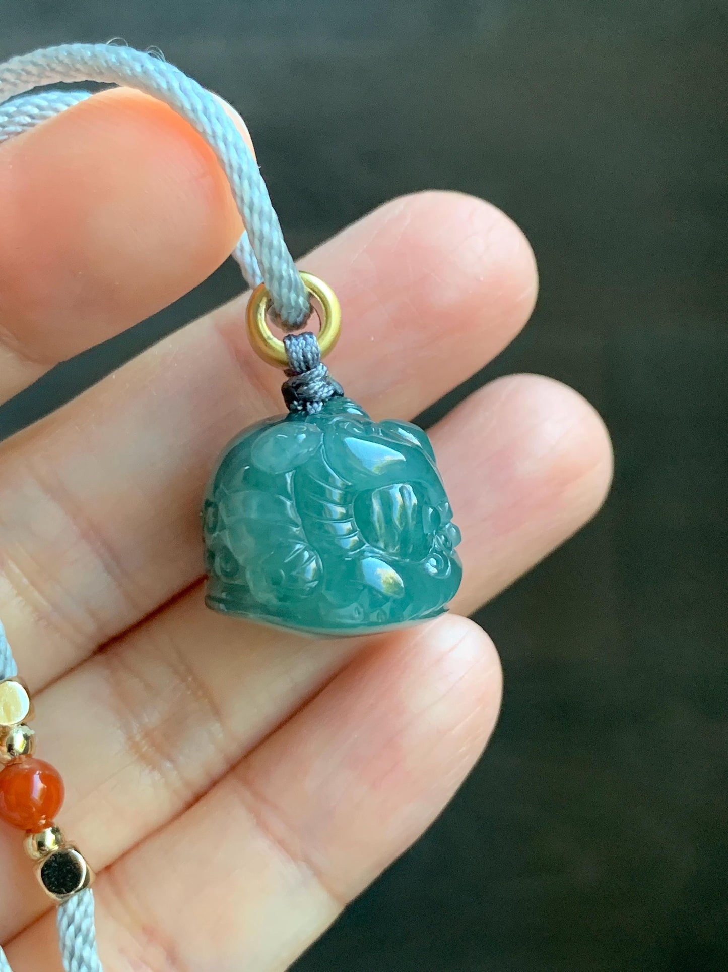 Natural Grade A Guatemalan Icy Translucent Dark Teal Blue Jade Jadeite Dancing Lion Pendant Rope Necklace 26” 14g 天然冰危深蓝绿翡翠醒狮吊坠 XSH140B
