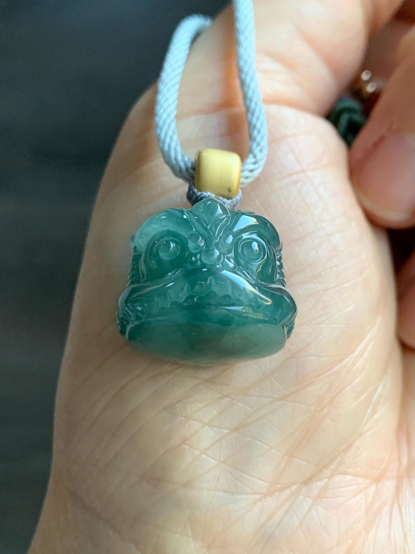 Natural Grade A Guatemalan Icy Translucent Dark Teal Blue Jade Jadeite Dancing Lion Pendant Rope Necklace 26” 14g 天然冰危深蓝绿翡翠醒狮吊坠 XSH140B