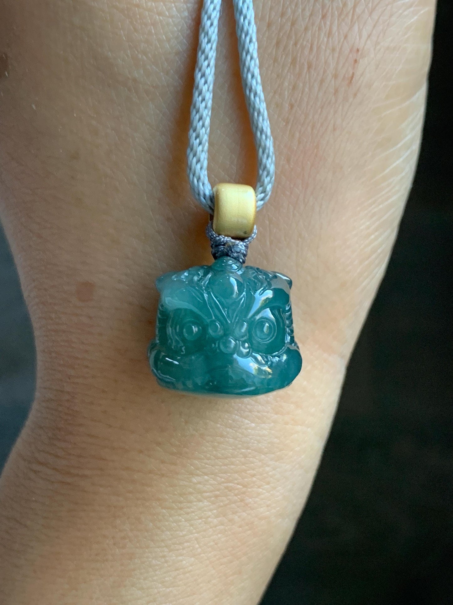 Natural Grade A Guatemalan Icy Translucent Dark Teal Blue Jade Jadeite Dancing Lion Pendant Rope Necklace 26” 14g 天然冰危深蓝绿翡翠醒狮吊坠 XSH140B