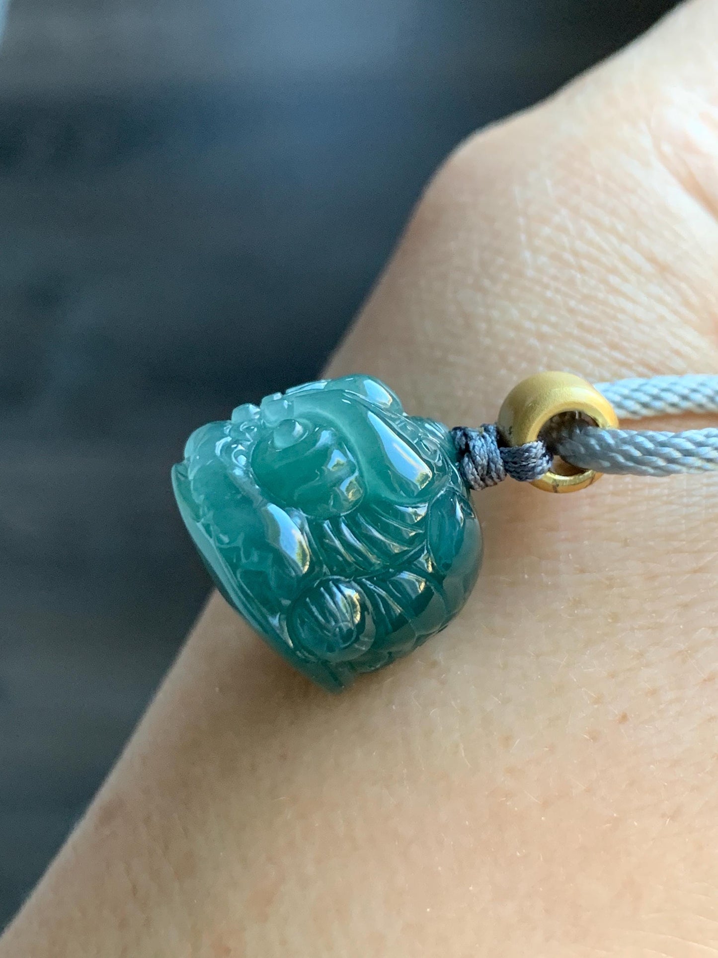 Natural Grade A Guatemalan Icy Translucent Dark Teal Blue Jade Jadeite Dancing Lion Pendant Rope Necklace 26” 14g 天然冰危深蓝绿翡翠醒狮吊坠 XSH140B