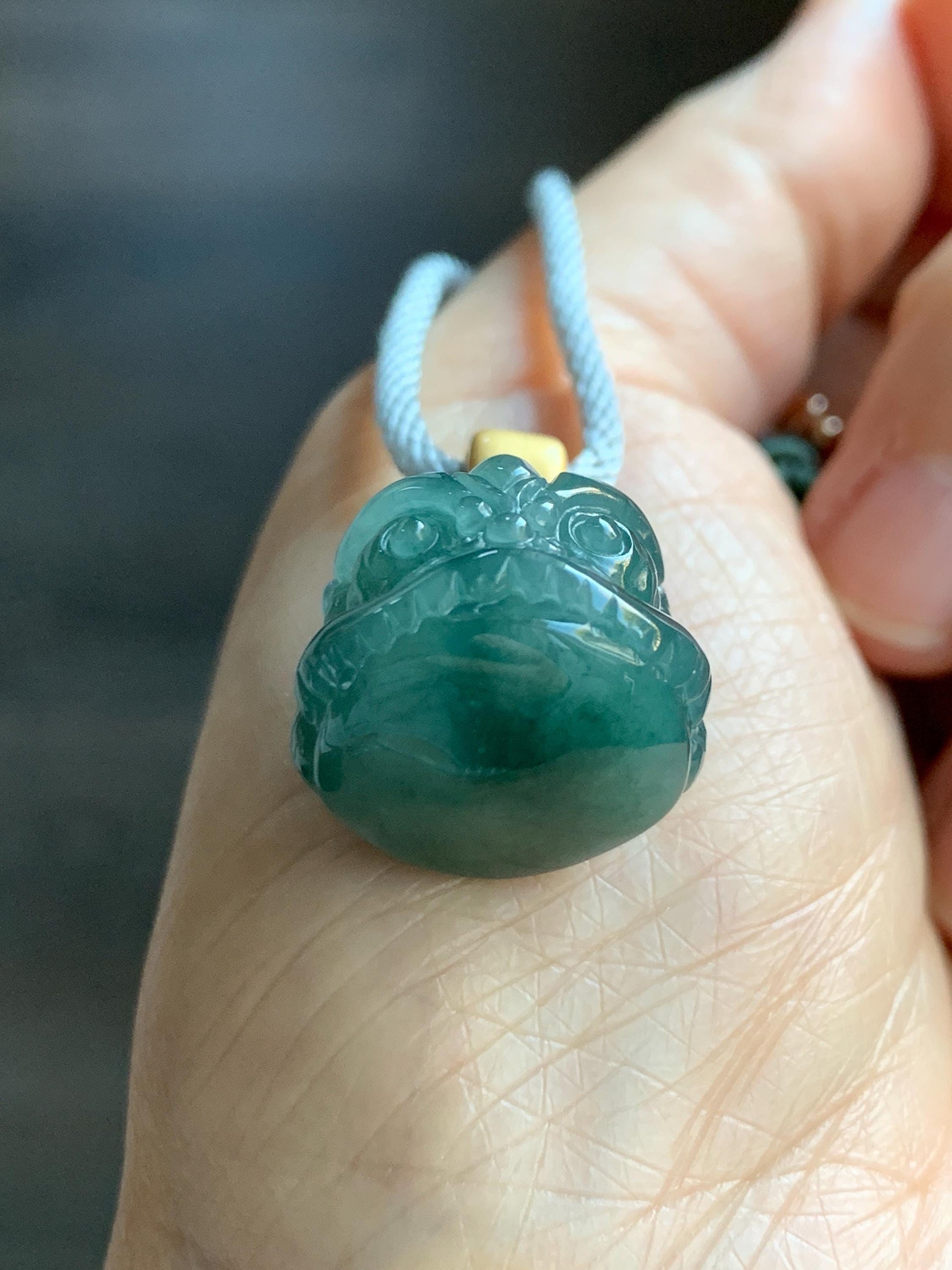 Natural Grade A Guatemalan Icy Translucent Dark Teal Blue Jade Jadeite Dancing Lion Pendant Rope Necklace 26” 14g 天然冰危深蓝绿翡翠醒狮吊坠 XSH140B