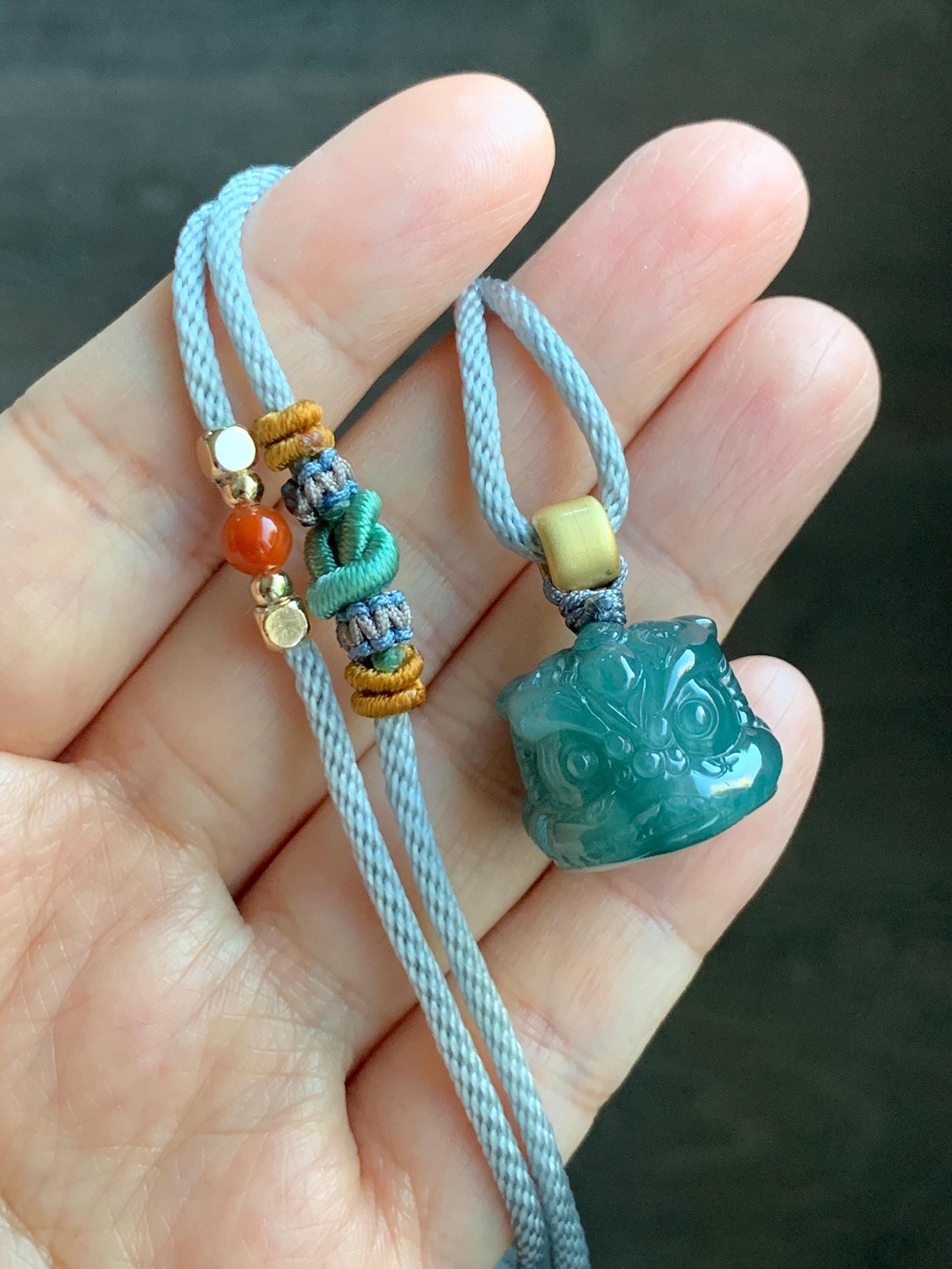 Natural Grade A Guatemalan Icy Translucent Dark Teal Blue Jade Jadeite Dancing Lion Pendant Rope Necklace 26” 14g 天然冰危深蓝绿翡翠醒狮吊坠 XSH140B