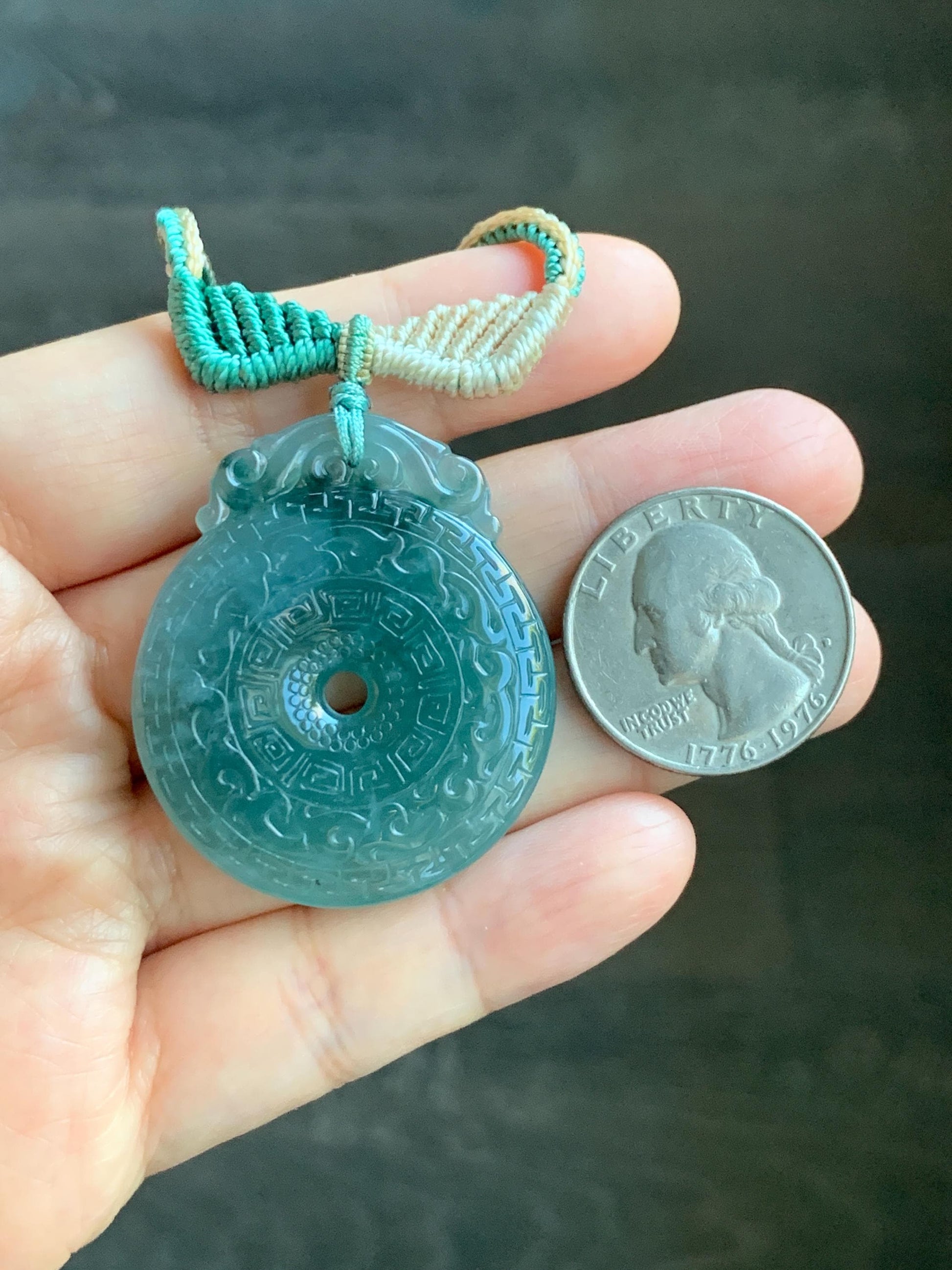 Natural Grade A Guatemalan Icy Translucent Teal Blue Jade Jadeite Engraved Ping An Kou Donut Rope Necklace 26” 16g 天然冰危蓝绿翡翠仿古雕平安扣吊坠 WEK248