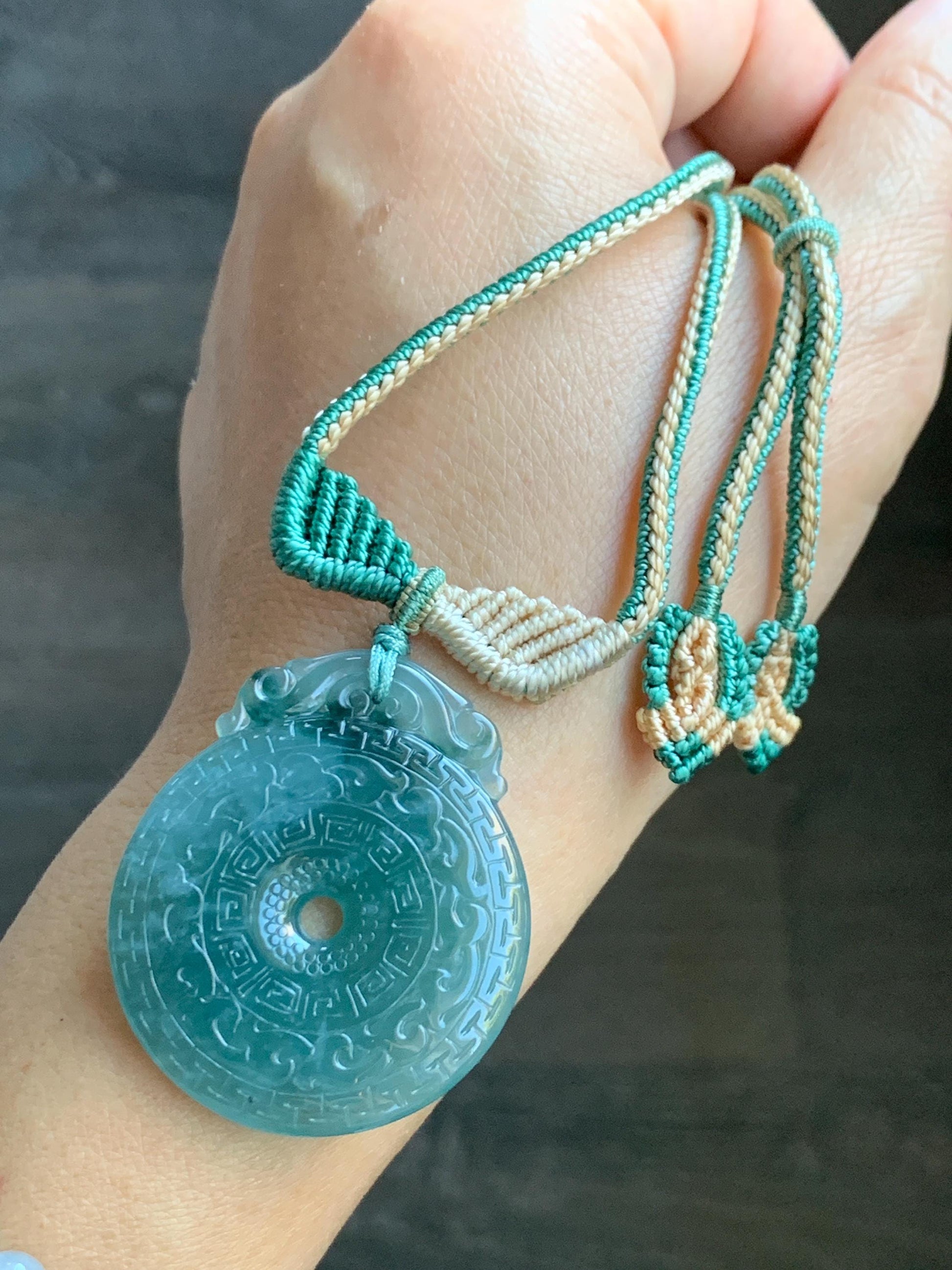 Natural Grade A Guatemalan Icy Translucent Teal Blue Jade Jadeite Engraved Ping An Kou Donut Rope Necklace 26” 16g 天然冰危蓝绿翡翠仿古雕平安扣吊坠 WEK248
