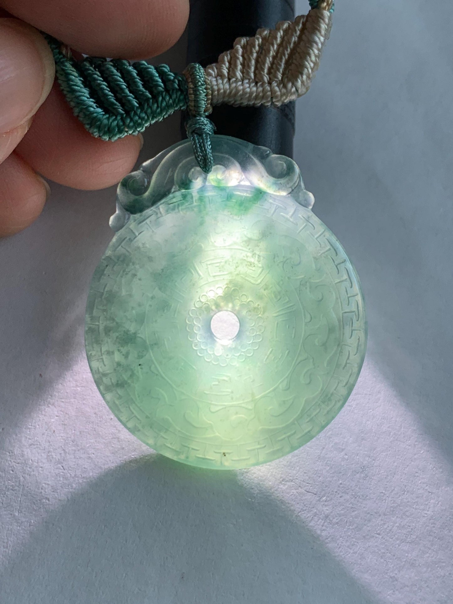 Natural Grade A Guatemalan Icy Translucent Teal Blue Jade Jadeite Engraved Ping An Kou Donut Rope Necklace 26” 16g 天然冰危蓝绿翡翠仿古雕平安扣吊坠 WEK248