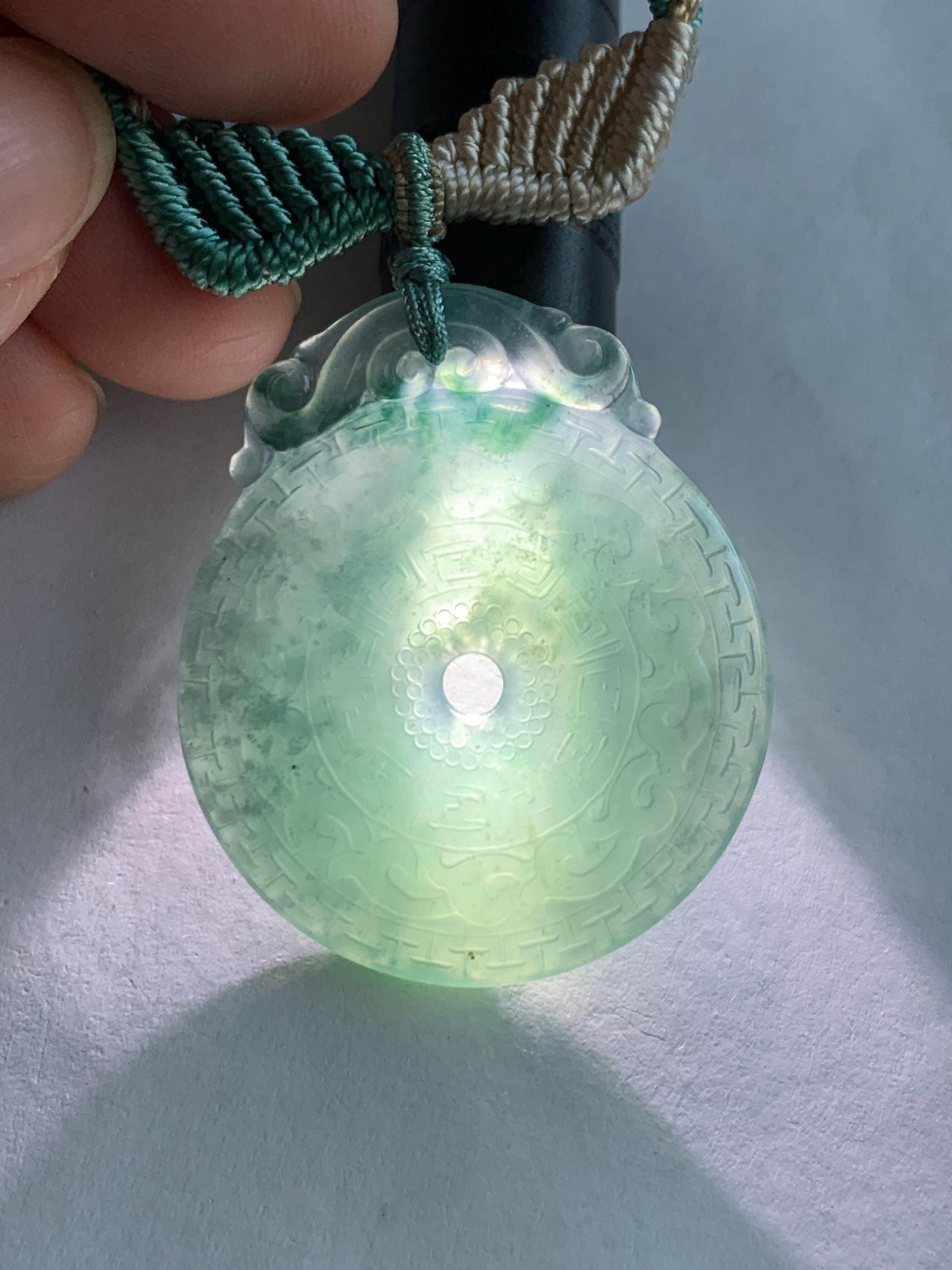 Natural Grade A Guatemalan Icy Translucent Teal Blue Jade Jadeite Engraved Ping An Kou Donut Rope Necklace 26” 16g 天然冰危蓝绿翡翠仿古雕平安扣吊坠 WEK248