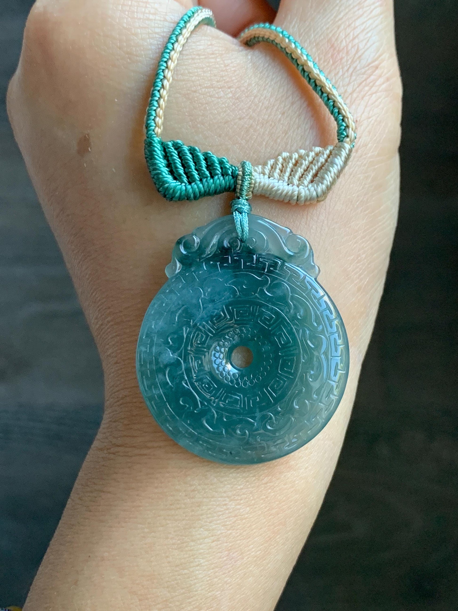 Natural Grade A Guatemalan Icy Translucent Teal Blue Jade Jadeite Engraved Ping An Kou Donut Rope Necklace 26” 16g 天然冰危蓝绿翡翠仿古雕平安扣吊坠 WEK248
