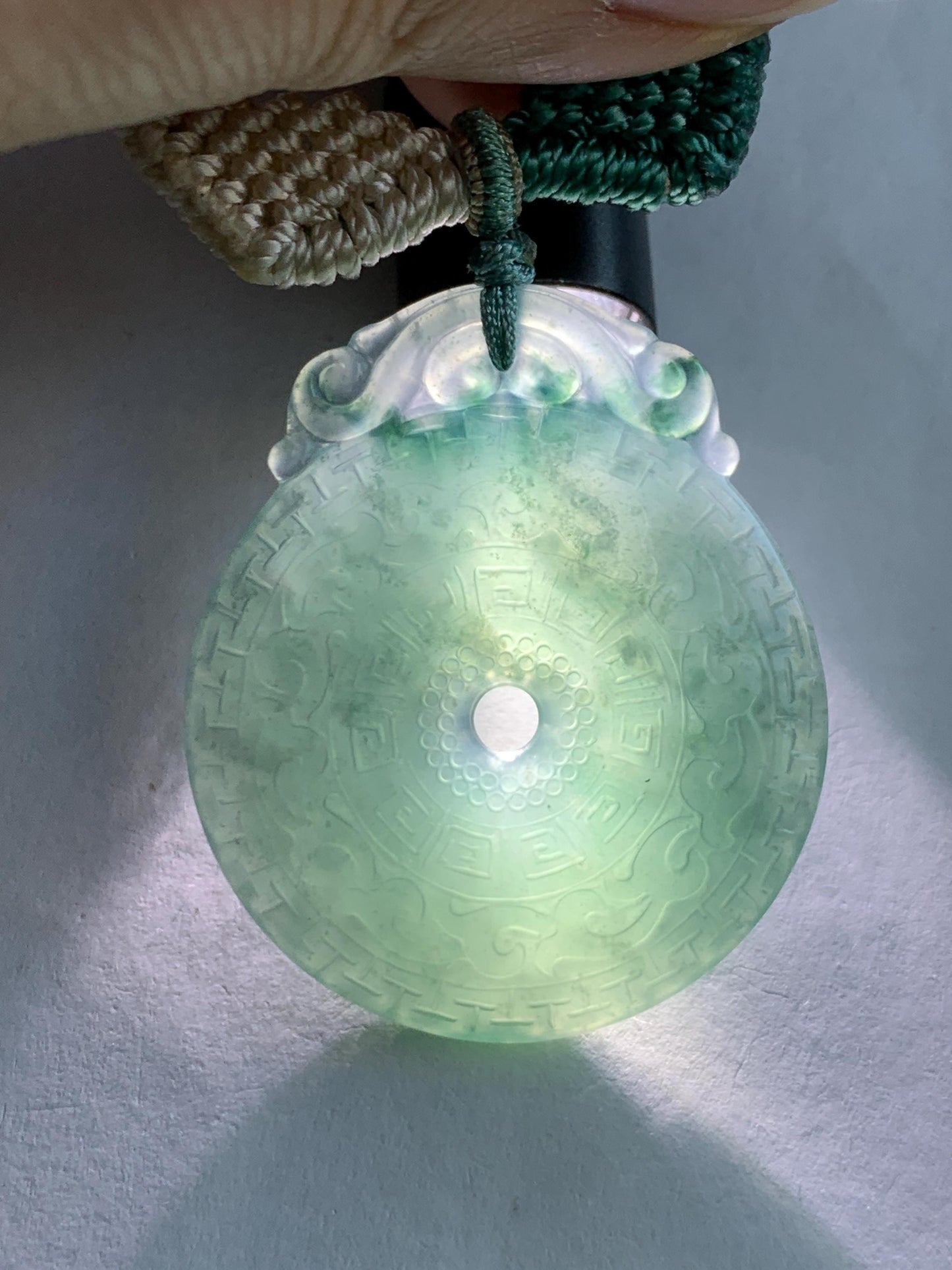 Natural Grade A Guatemalan Icy Translucent Teal Blue Jade Jadeite Engraved Ping An Kou Donut Rope Necklace 26” 16g 天然冰危蓝绿翡翠仿古雕平安扣吊坠 WEK248