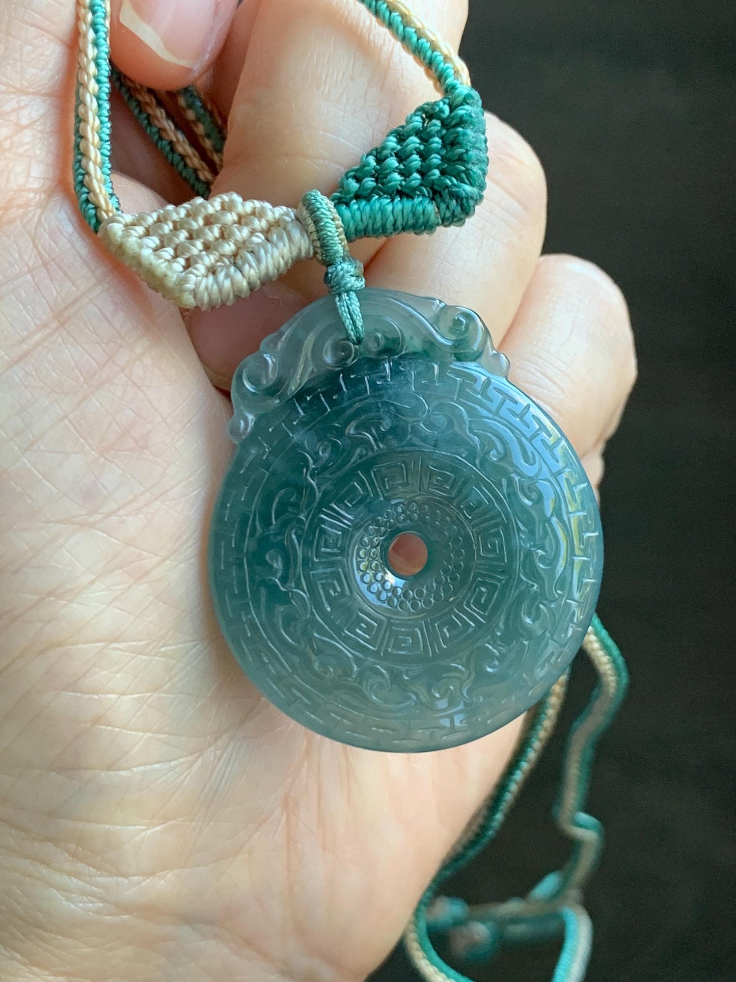 Natural Grade A Guatemalan Icy Translucent Teal Blue Jade Jadeite Engraved Ping An Kou Donut Rope Necklace 26” 16g 天然冰危蓝绿翡翠仿古雕平安扣吊坠 WEK248