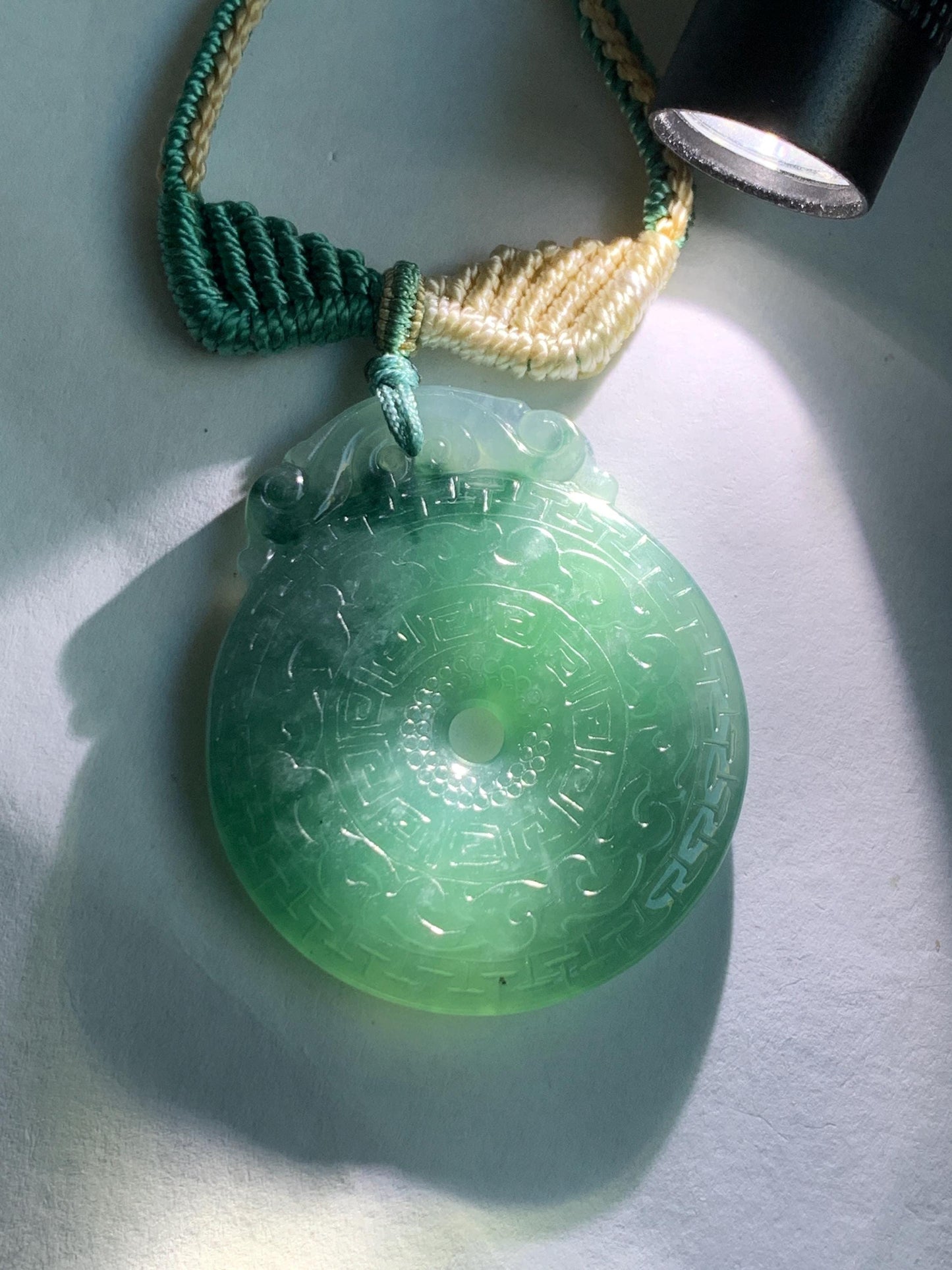 Natural Grade A Guatemalan Icy Translucent Teal Blue Jade Jadeite Engraved Ping An Kou Donut Rope Necklace 26” 16g 天然冰危蓝绿翡翠仿古雕平安扣吊坠 WEK248