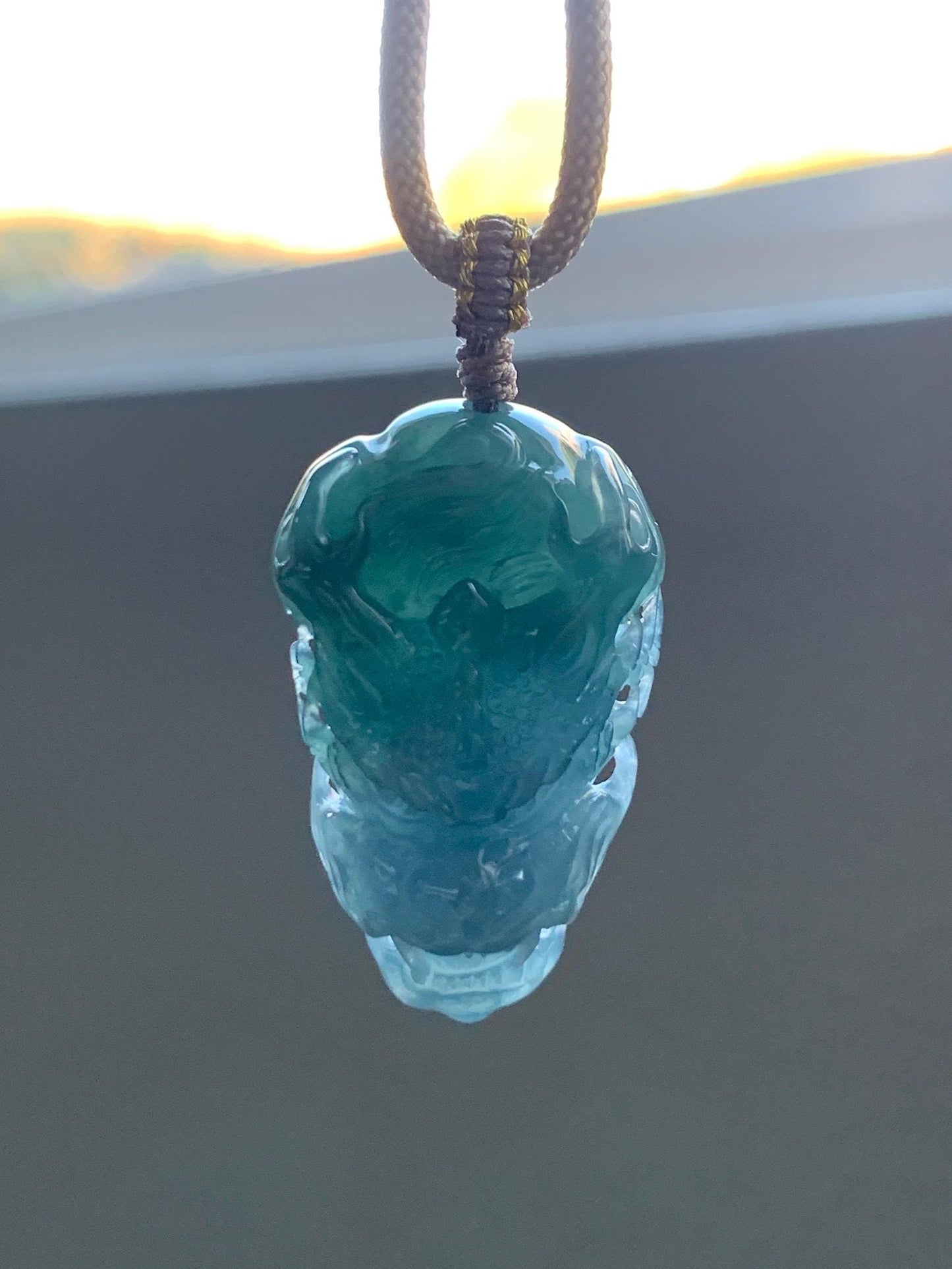 Natural Grade A Guatemalan Icy Translucent Teal Blue Marbled Jade Jadeite Carved Dragon Pendant Rope Necklace 25" 15g 天然冰危蓝紫翡翠精工龙头吊坠WLT288A