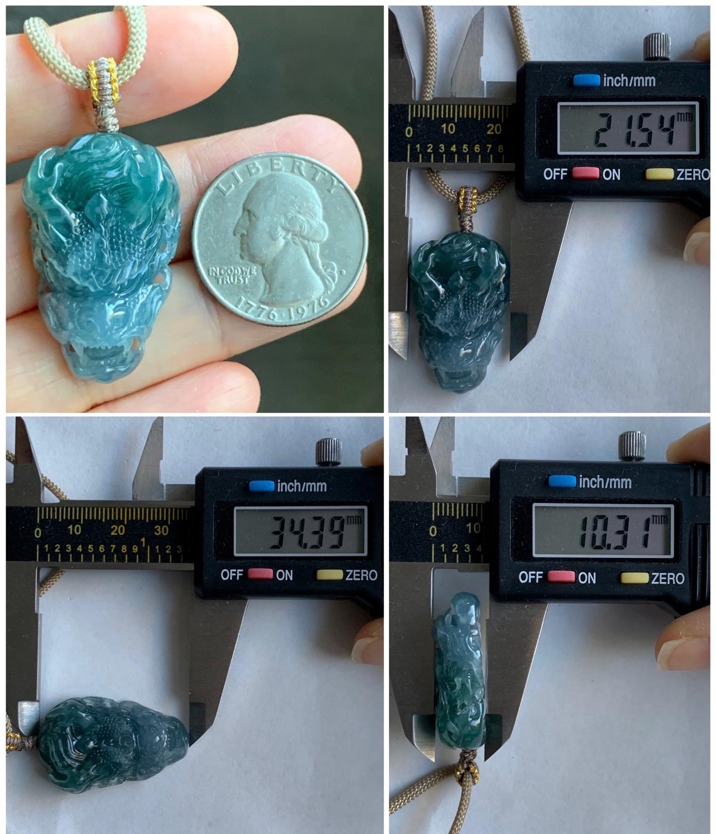 Natural Grade A Guatemalan Icy Translucent Teal Blue Marbled Jade Jadeite Carved Dragon Pendant Rope Necklace 25" 15g 天然冰危蓝紫翡翠精工龙头吊坠WLT288A