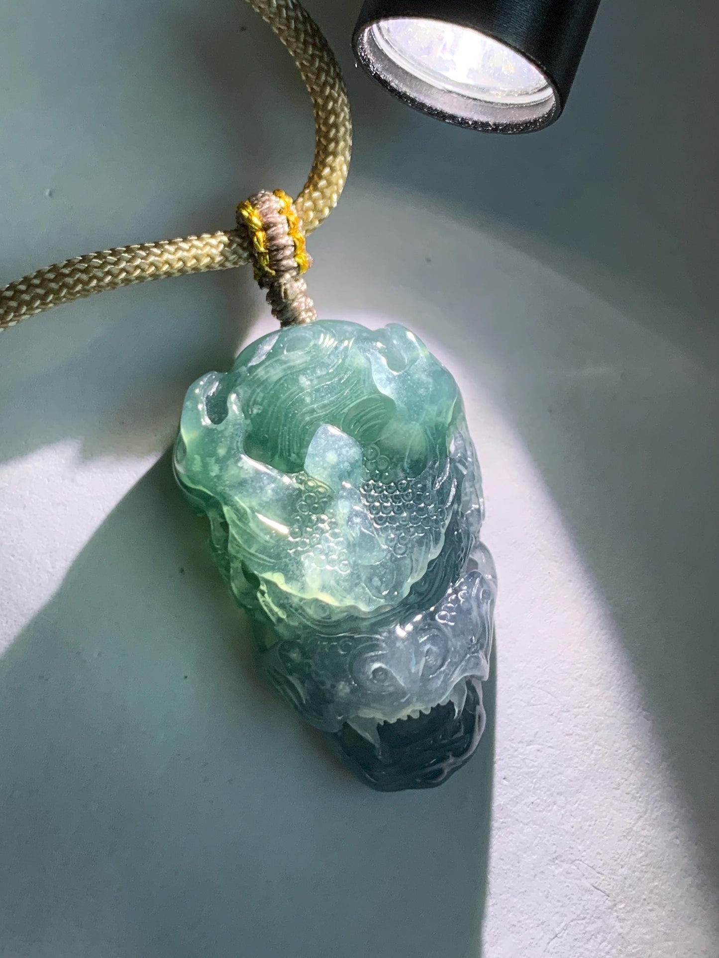 Natural Grade A Guatemalan Icy Translucent Teal Blue Marbled Jade Jadeite Carved Dragon Pendant Rope Necklace 25" 15g 天然冰危蓝紫翡翠精工龙头吊坠WLT288A