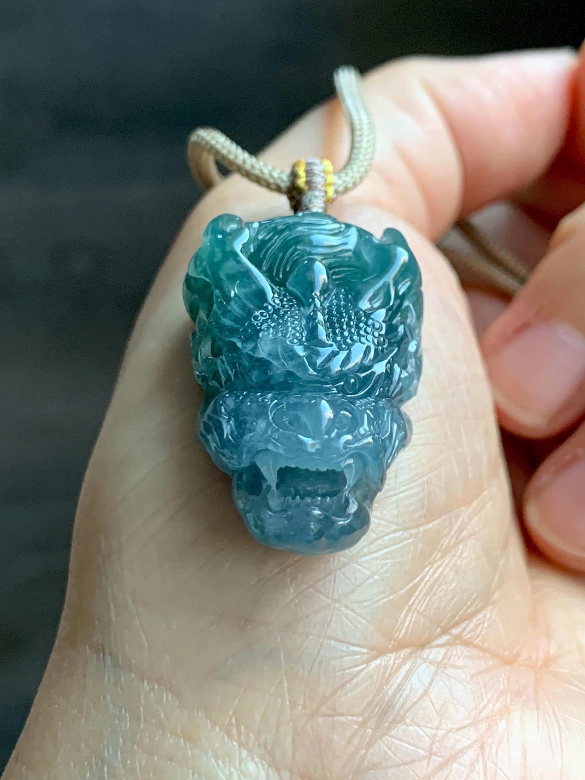 Natural Grade A Guatemalan Icy Translucent Teal Blue Marbled Jade Jadeite Carved Dragon Pendant Rope Necklace 25" 15g 天然冰危蓝紫翡翠精工龙头吊坠WLT288A