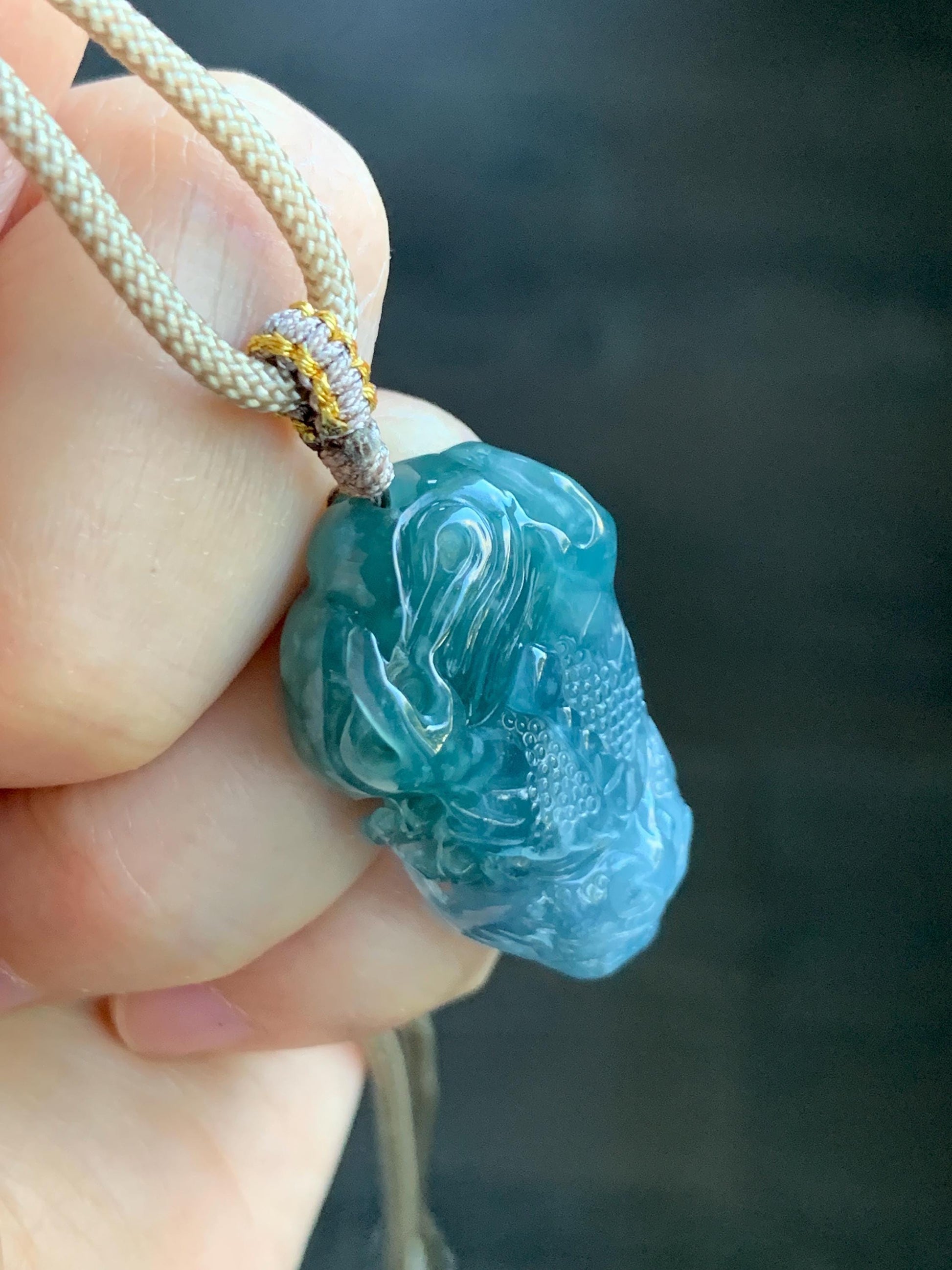 Natural Grade A Guatemalan Icy Translucent Teal Blue Marbled Jade Jadeite Carved Dragon Pendant Rope Necklace 25" 15g 天然冰危蓝紫翡翠精工龙头吊坠WLT288A