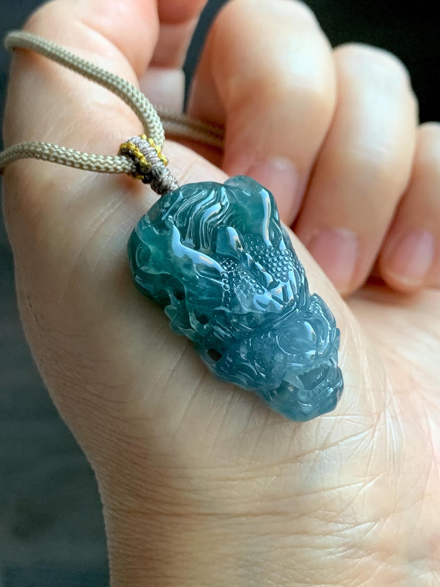 Natural Grade A Guatemalan Icy Translucent Teal Blue Marbled Jade Jadeite Carved Dragon Pendant Rope Necklace 25" 15g 天然冰危蓝紫翡翠精工龙头吊坠WLT288A