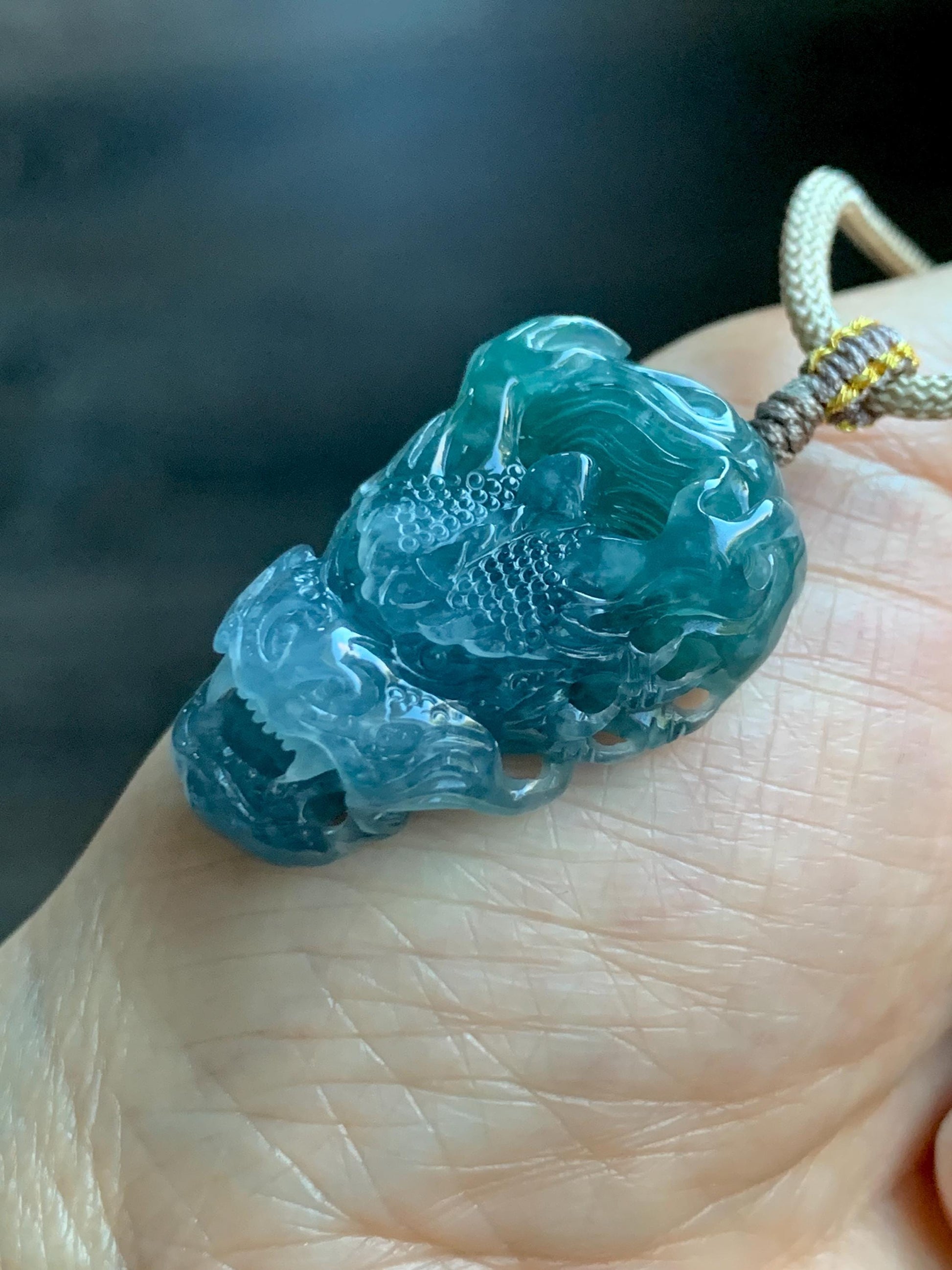 Natural Grade A Guatemalan Icy Translucent Teal Blue Marbled Jade Jadeite Carved Dragon Pendant Rope Necklace 25" 15g 天然冰危蓝紫翡翠精工龙头吊坠WLT288A