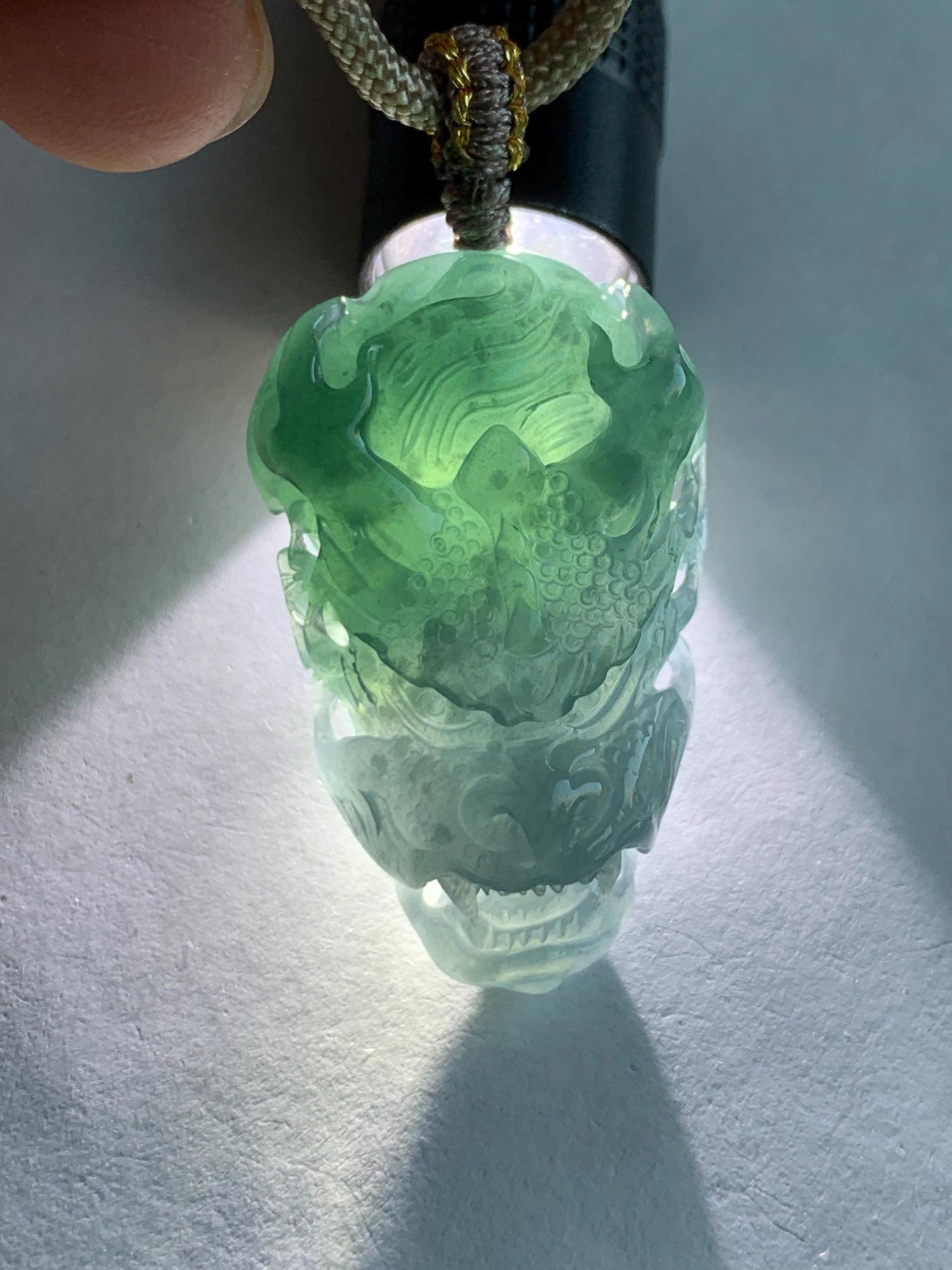 Natural Grade A Guatemalan Icy Translucent Teal Blue Marbled Jade Jadeite Carved Dragon Pendant Rope Necklace 25" 15g 天然冰危蓝紫翡翠精工龙头吊坠WLT288A