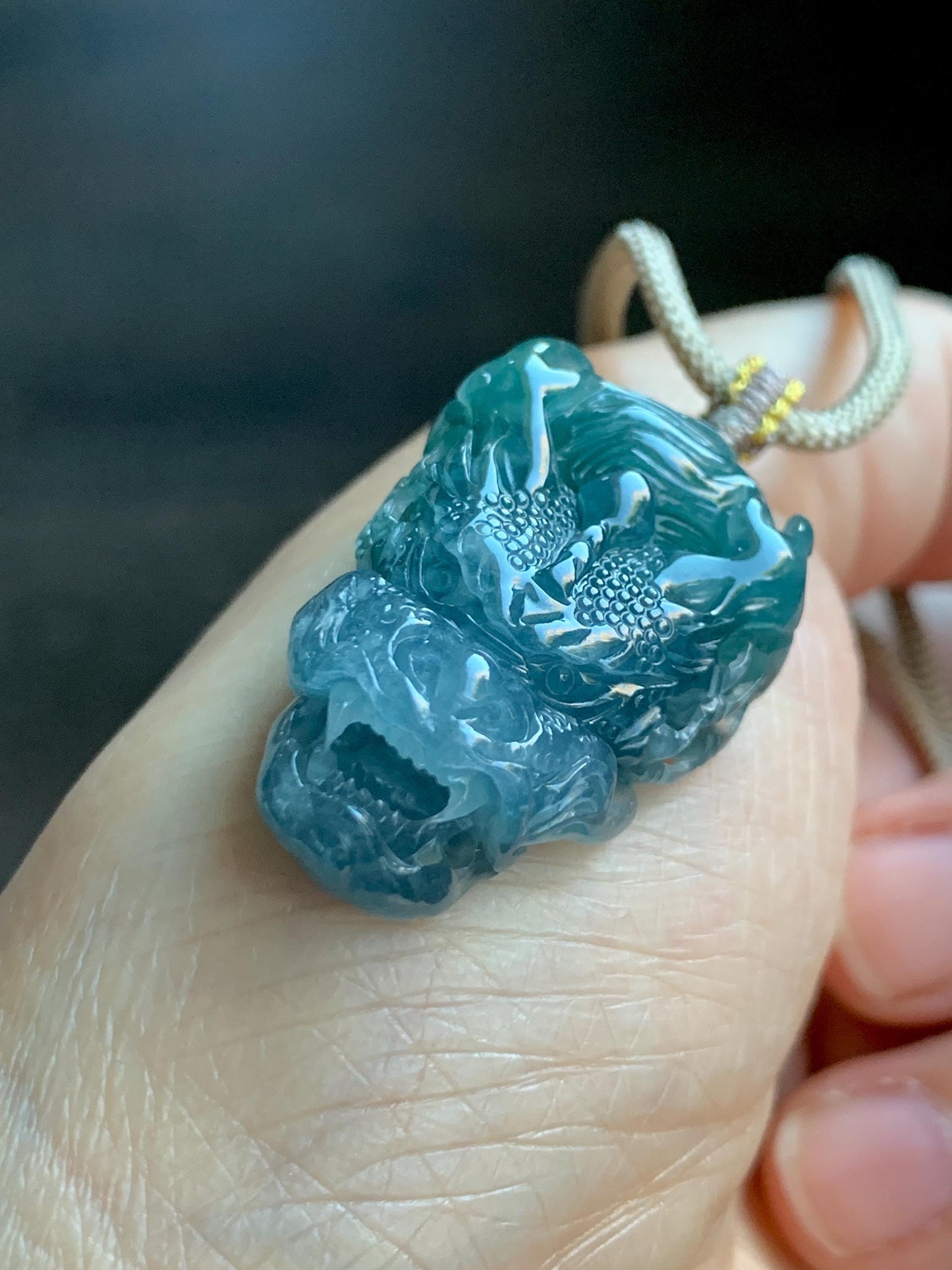Natural Grade A Guatemalan Icy Translucent Teal Blue Marbled Jade Jadeite Carved Dragon Pendant Rope Necklace 25" 15g 天然冰危蓝紫翡翠精工龙头吊坠WLT288A