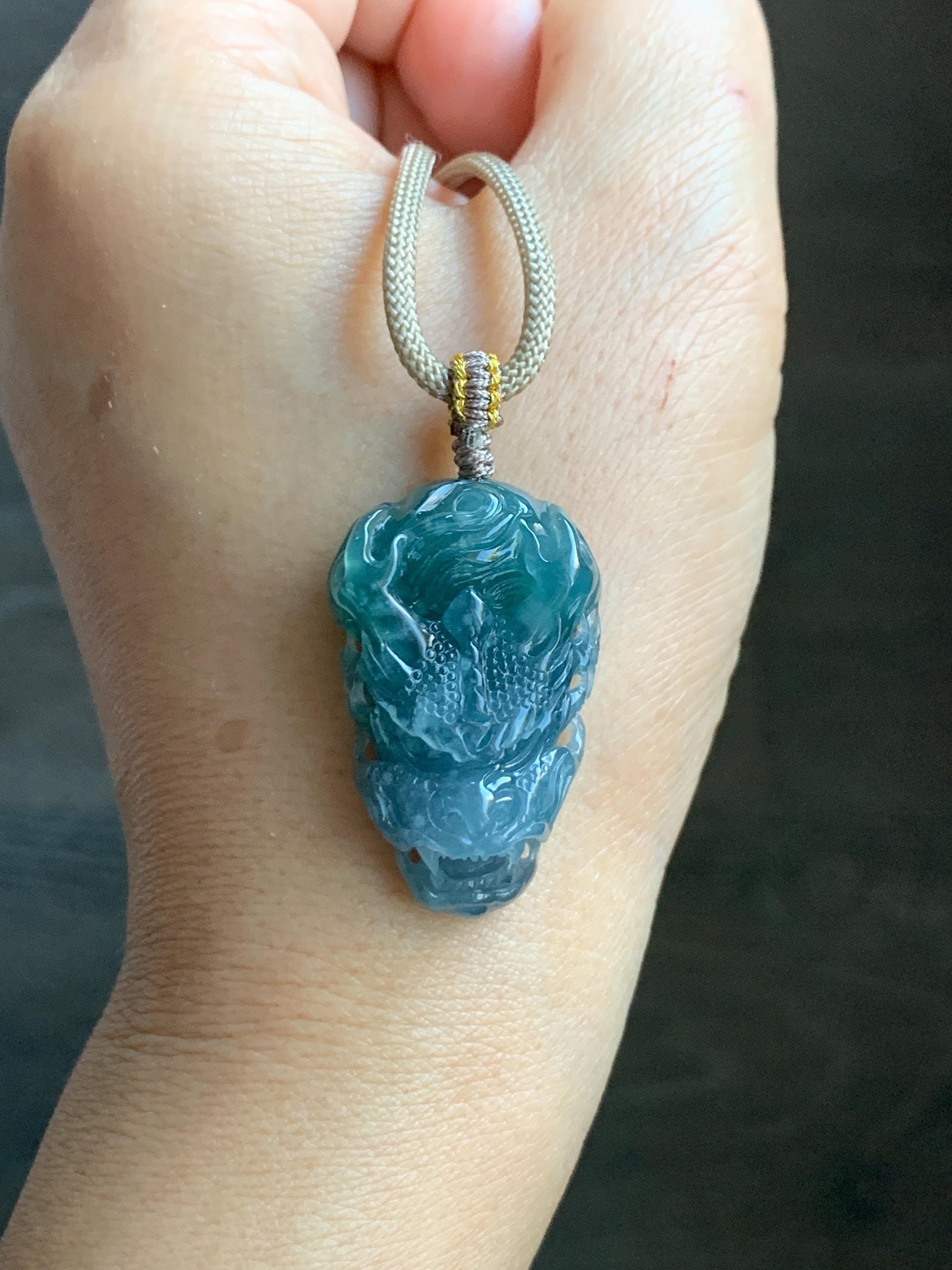 Natural Grade A Guatemalan Icy Translucent Teal Blue Marbled Jade Jadeite Carved Dragon Pendant Rope Necklace 25" 15g 天然冰危蓝紫翡翠精工龙头吊坠WLT288A