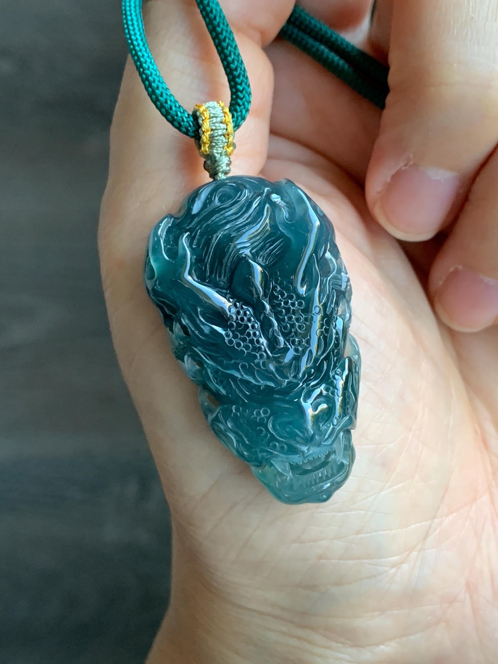 Natural Grade A Guatemalan Icy Translucent Dark Teal Green Jade Jadeite Carved Dragon Pendant Rope Necklace 26" 20g 天然冰危蓝绿翡翠精工龙头吊坠WLT288B
