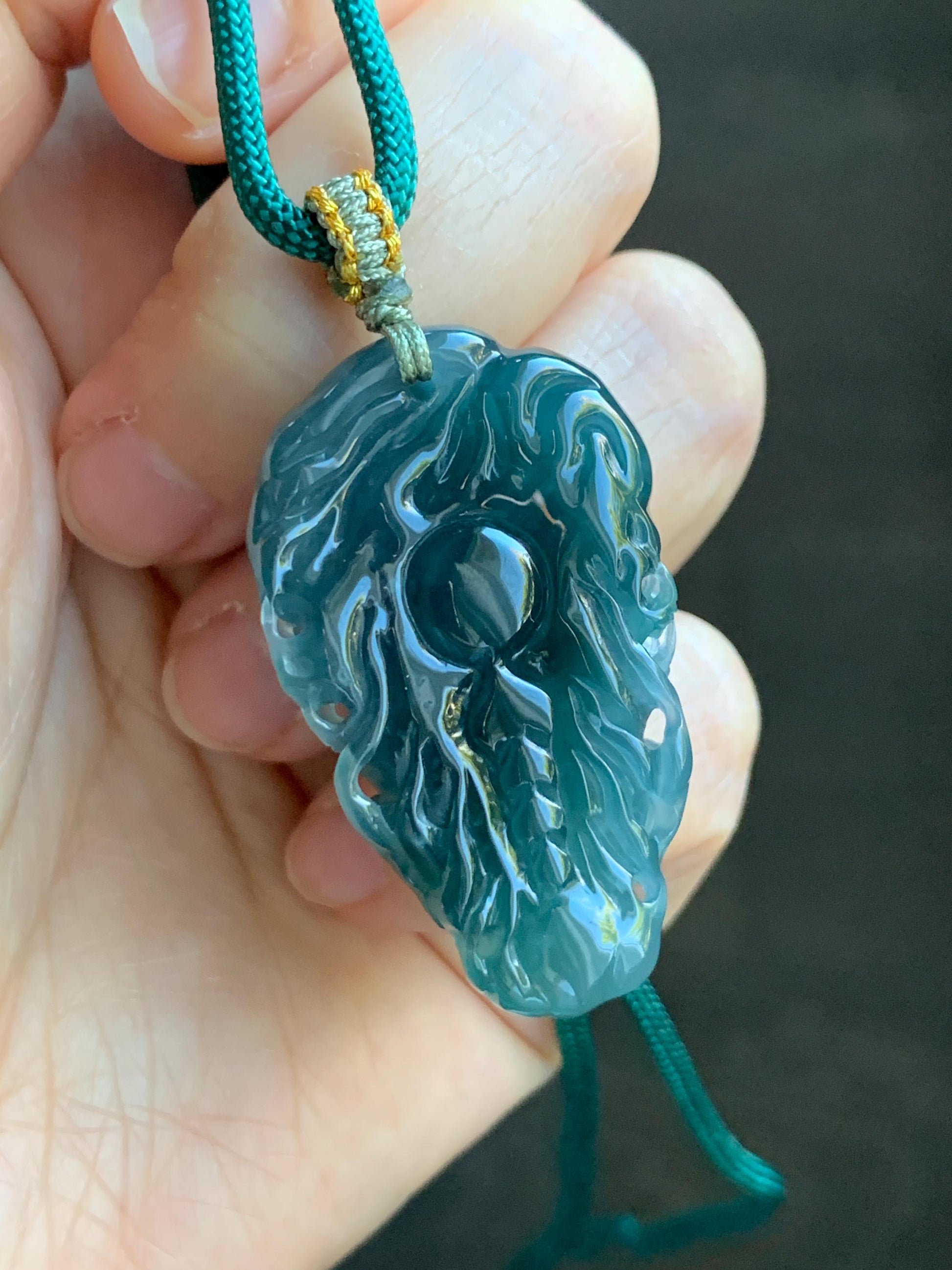 Natural Grade A Guatemalan Icy Translucent Dark Teal Green Jade Jadeite Carved Dragon Pendant Rope Necklace 26" 20g 天然冰危蓝绿翡翠精工龙头吊坠WLT288B