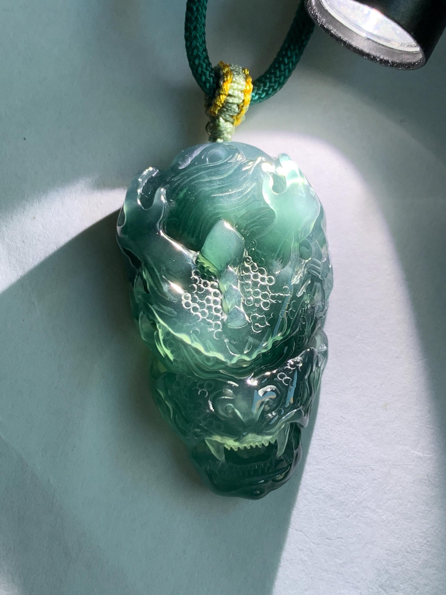 Natural Grade A Guatemalan Icy Translucent Dark Teal Green Jade Jadeite Carved Dragon Pendant Rope Necklace 26" 20g 天然冰危蓝绿翡翠精工龙头吊坠WLT288B
