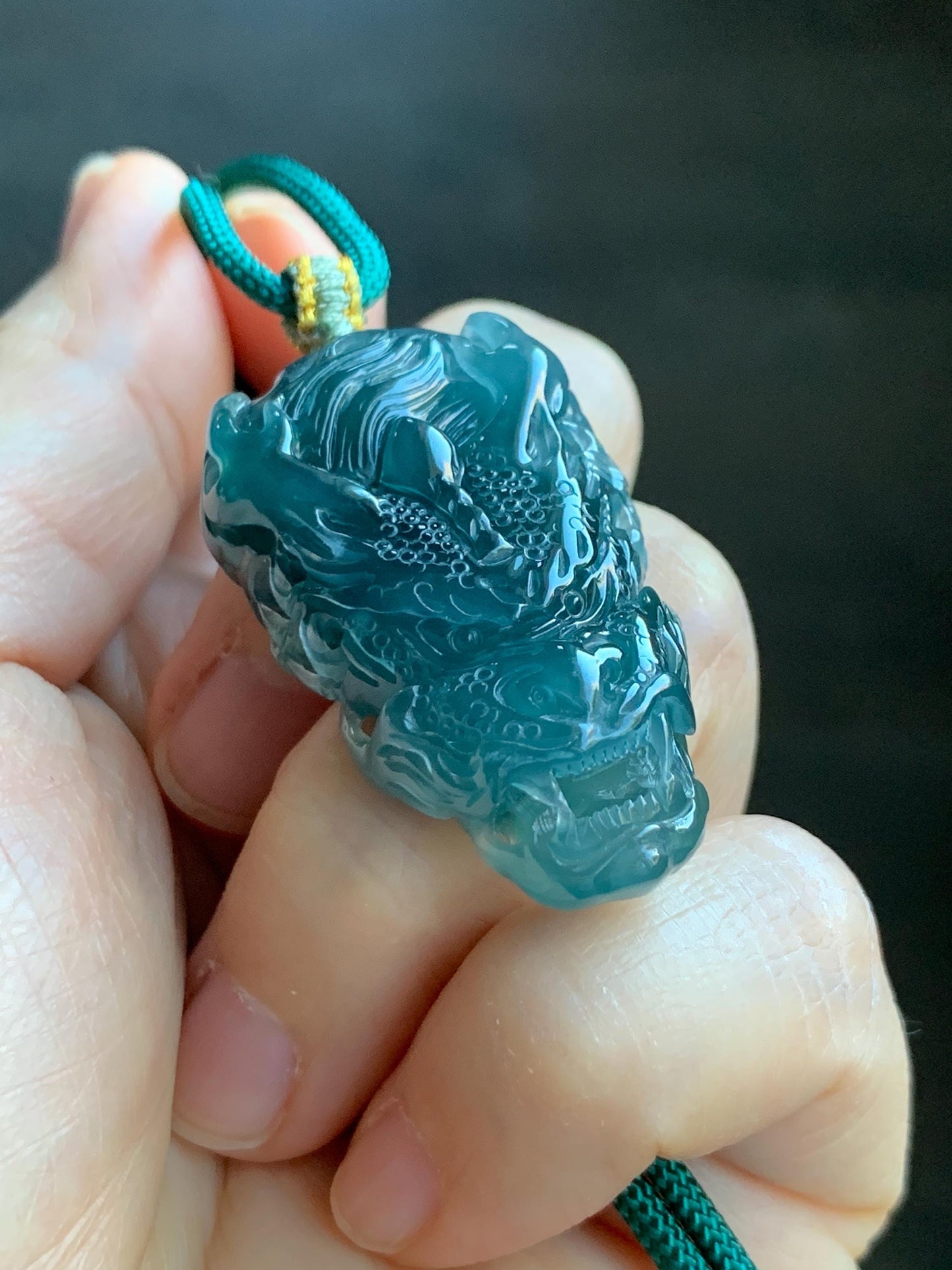 Natural Grade A Guatemalan Icy Translucent Dark Teal Green Jade Jadeite Carved Dragon Pendant Rope Necklace 26" 20g 天然冰危蓝绿翡翠精工龙头吊坠WLT288B