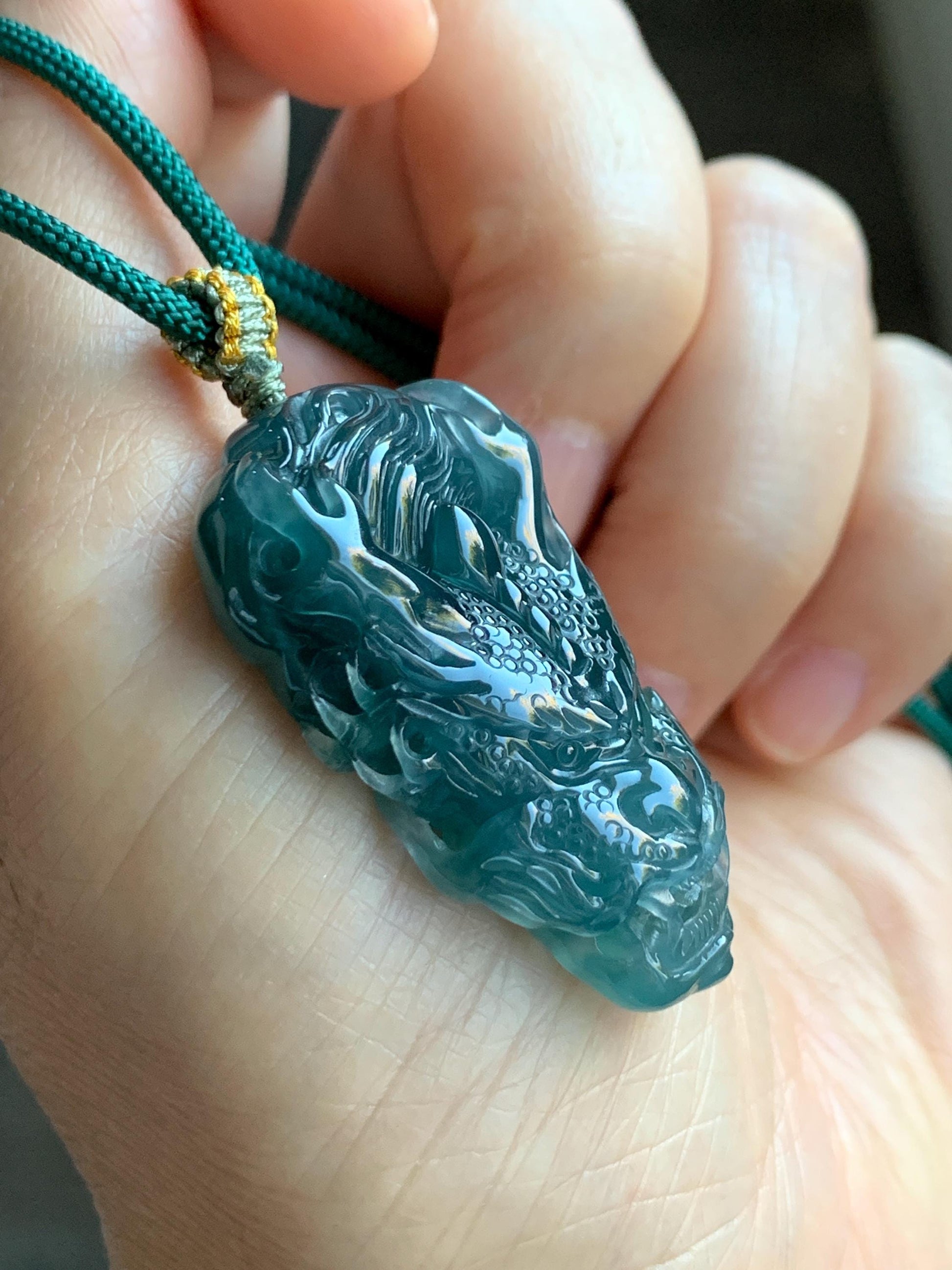 Natural Grade A Guatemalan Icy Translucent Dark Teal Green Jade Jadeite Carved Dragon Pendant Rope Necklace 26" 20g 天然冰危蓝绿翡翠精工龙头吊坠WLT288B