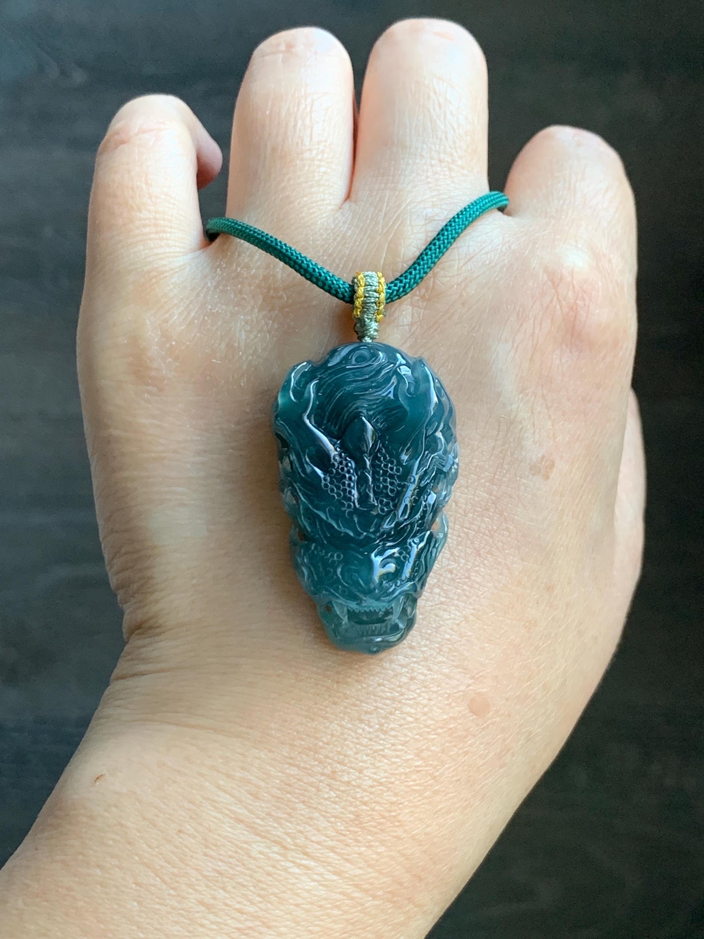Natural Grade A Guatemalan Icy Translucent Dark Teal Green Jade Jadeite Carved Dragon Pendant Rope Necklace 26" 20g 天然冰危蓝绿翡翠精工龙头吊坠WLT288B