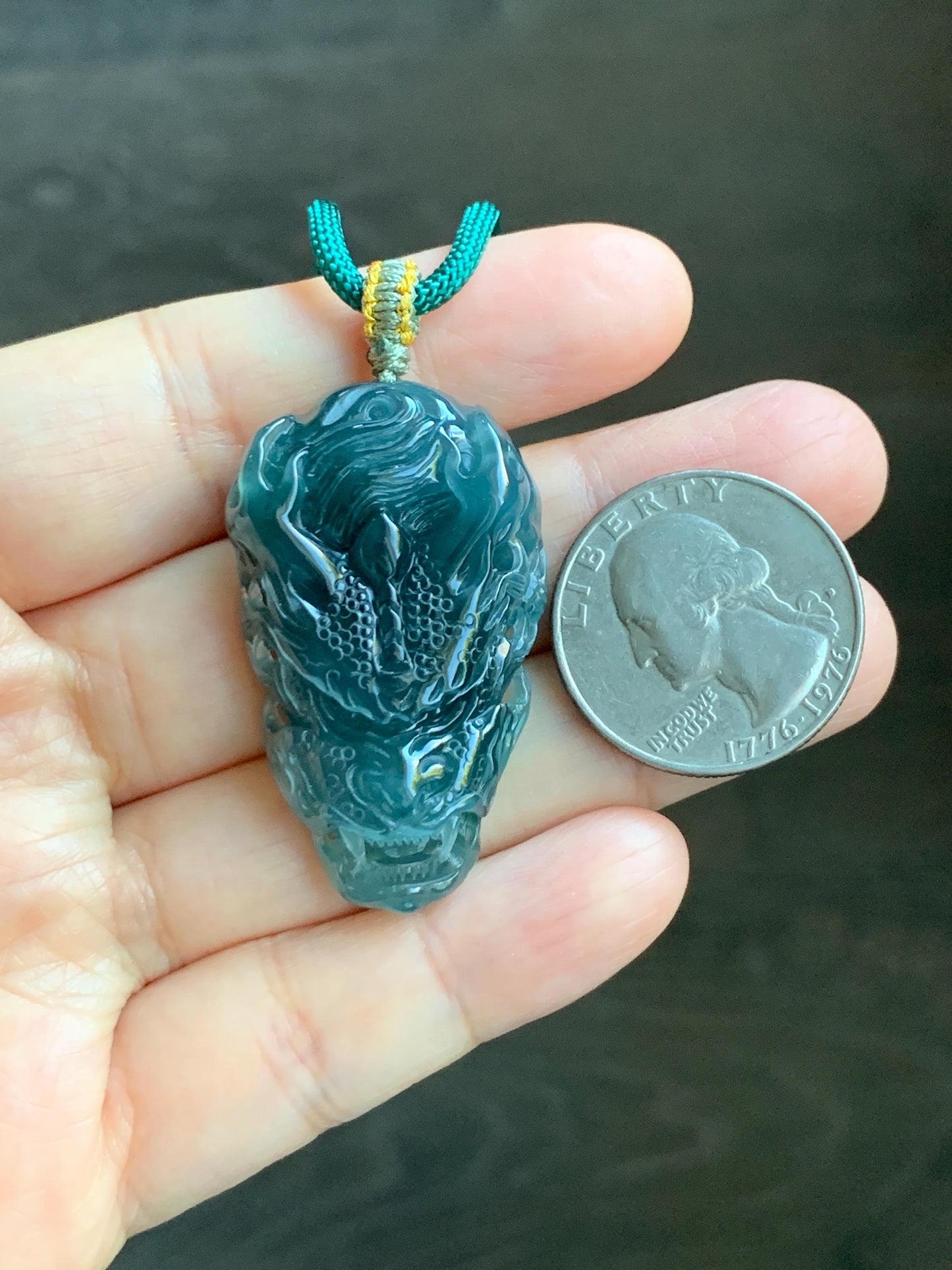 Natural Grade A Guatemalan Icy Translucent Dark Teal Green Jade Jadeite Carved Dragon Pendant Rope Necklace 26" 20g 天然冰危蓝绿翡翠精工龙头吊坠WLT288B