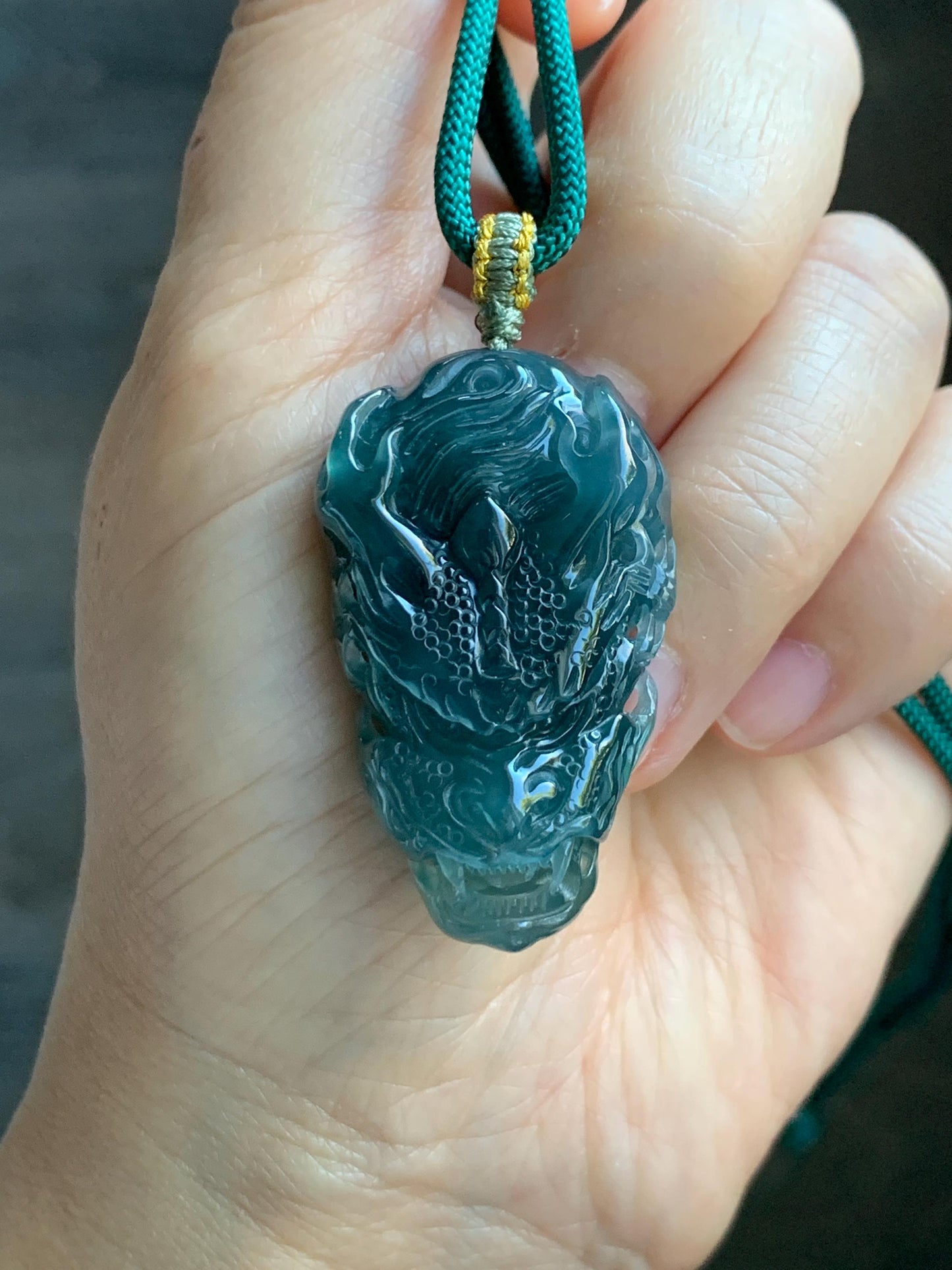 Natural Grade A Guatemalan Icy Translucent Dark Teal Green Jade Jadeite Carved Dragon Pendant Rope Necklace 26" 20g 天然冰危蓝绿翡翠精工龙头吊坠WLT288B