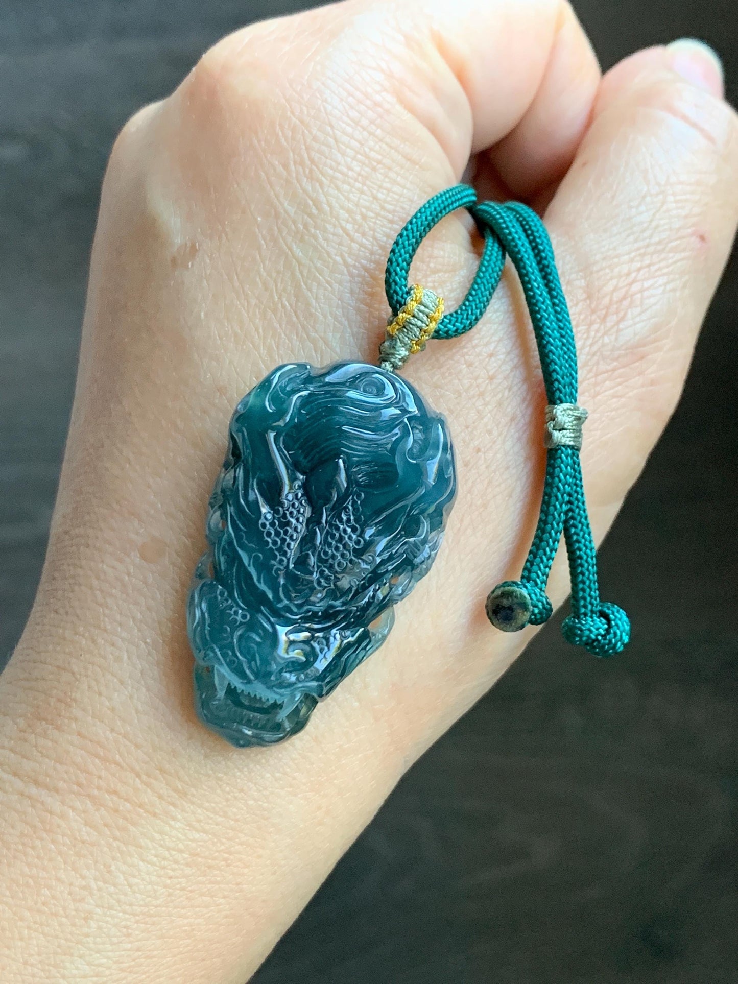 Natural Grade A Guatemalan Icy Translucent Dark Teal Green Jade Jadeite Carved Dragon Pendant Rope Necklace 26" 20g 天然冰危蓝绿翡翠精工龙头吊坠WLT288B