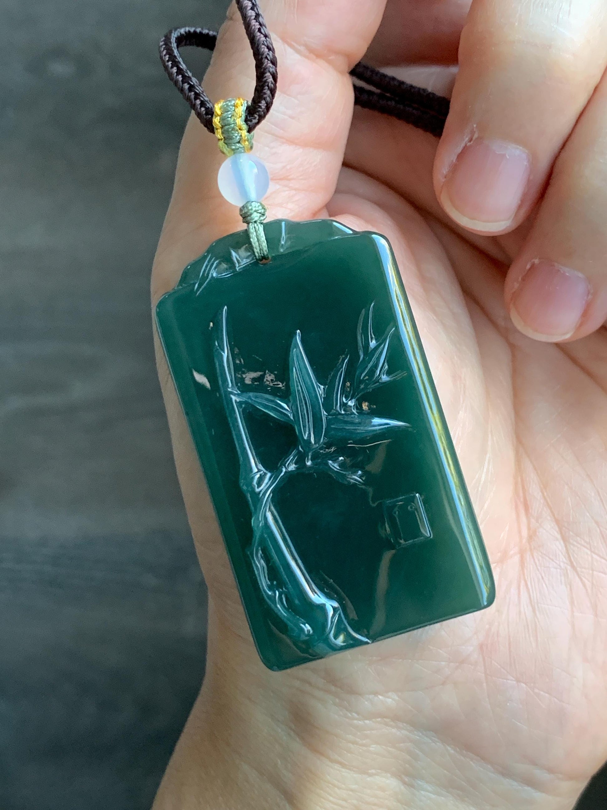 Natural Grade A Guatemalan Icy Translucent Dark Teal Green Jade Jadeite Carved Bamboo Pendant Rope Necklace 24.5" 24g 天然冰危湖水绿翡翠竹节牌吊坠WZJ282