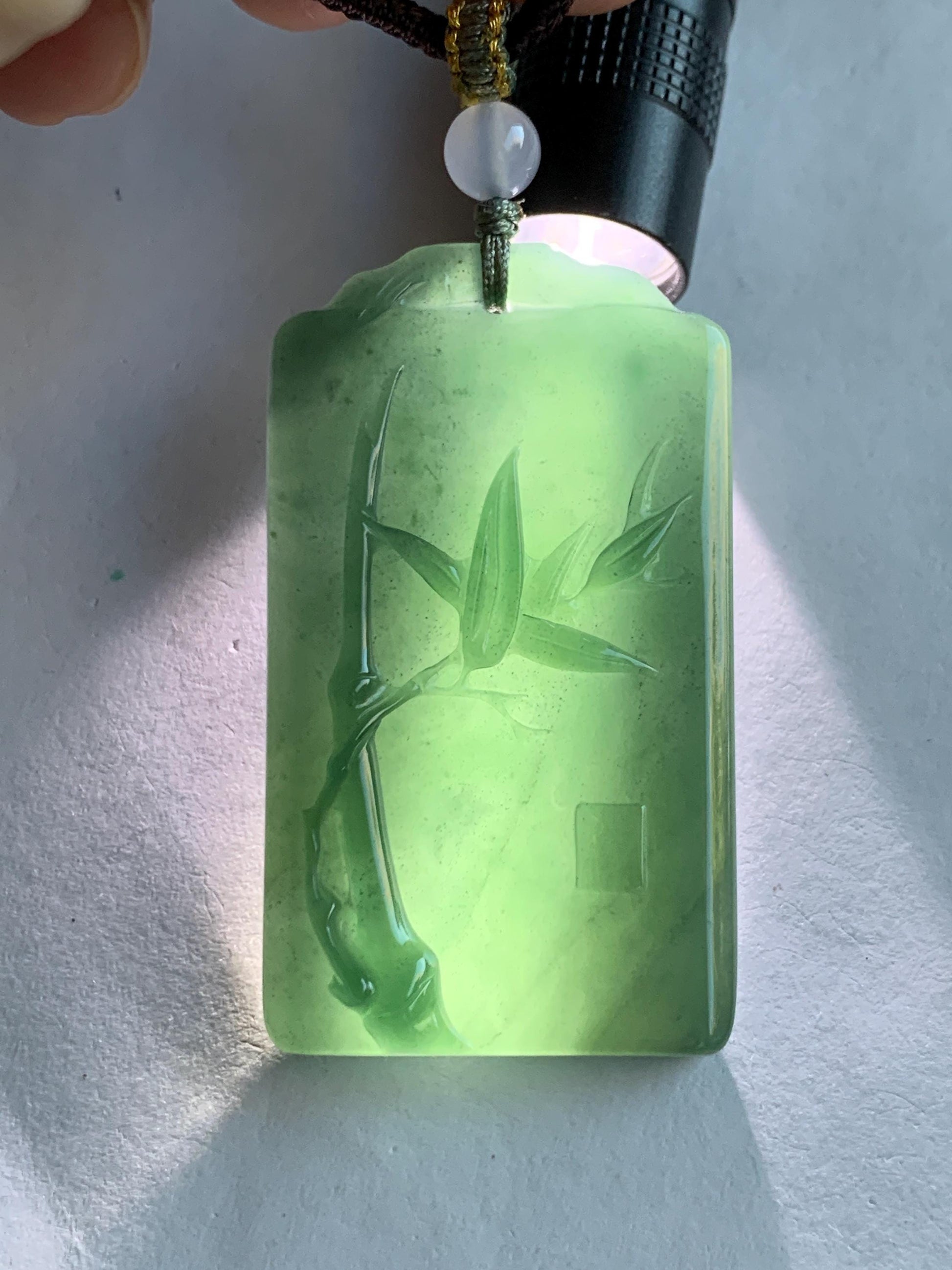 Natural Grade A Guatemalan Icy Translucent Dark Teal Green Jade Jadeite Carved Bamboo Pendant Rope Necklace 24.5" 24g 天然冰危湖水绿翡翠竹节牌吊坠WZJ282