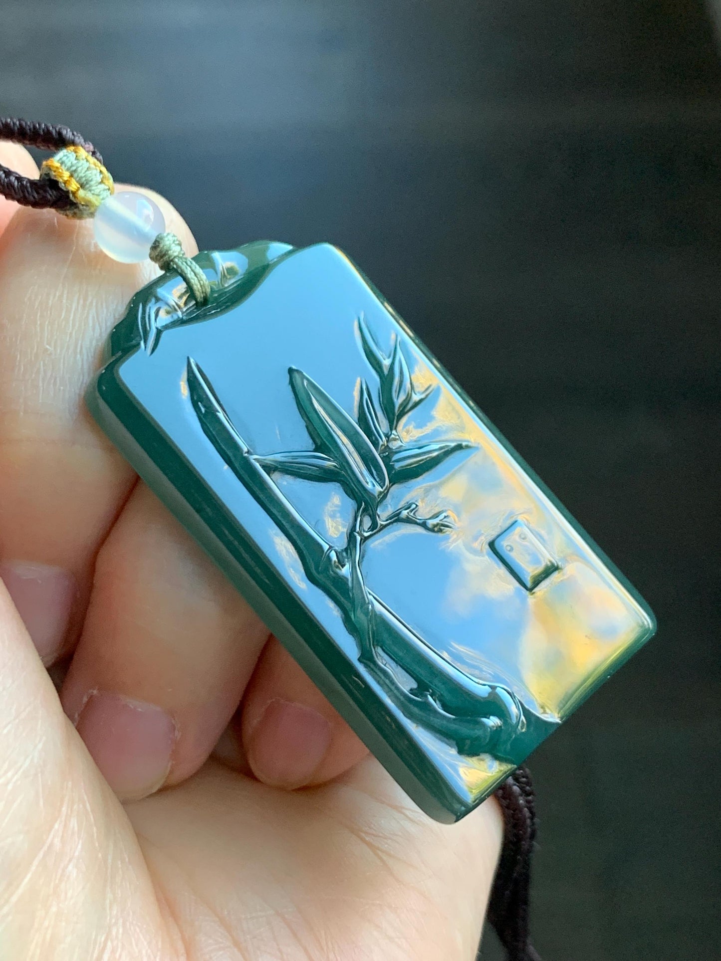 Natural Grade A Guatemalan Icy Translucent Dark Teal Green Jade Jadeite Carved Bamboo Pendant Rope Necklace 24.5" 24g 天然冰危湖水绿翡翠竹节牌吊坠WZJ282