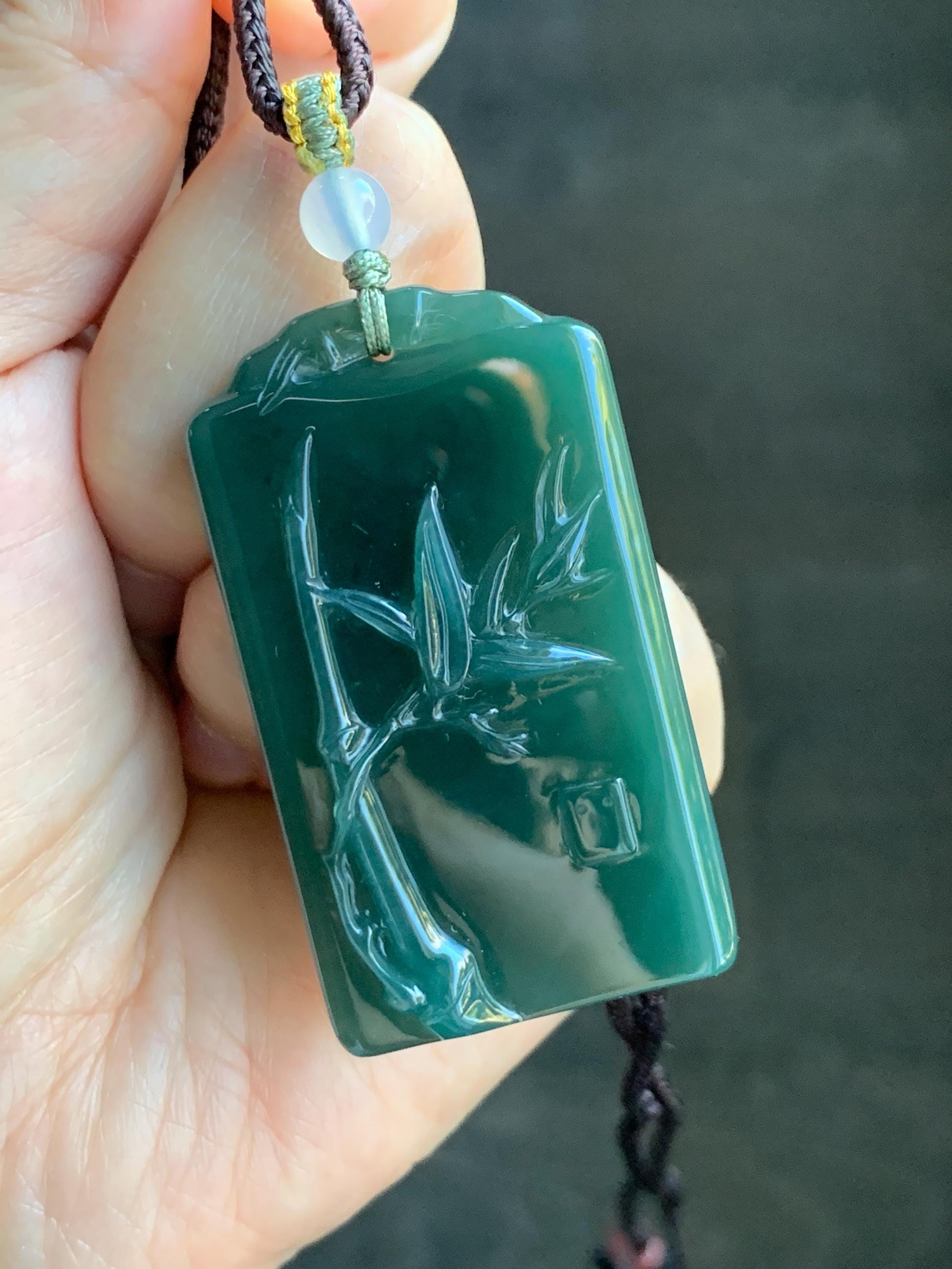 Natural Grade A Guatemalan Icy Translucent Dark Teal Green Jade Jadeite Carved Bamboo Pendant Rope Necklace 24.5" 24g 天然冰危湖水绿翡翠竹节牌吊坠WZJ282