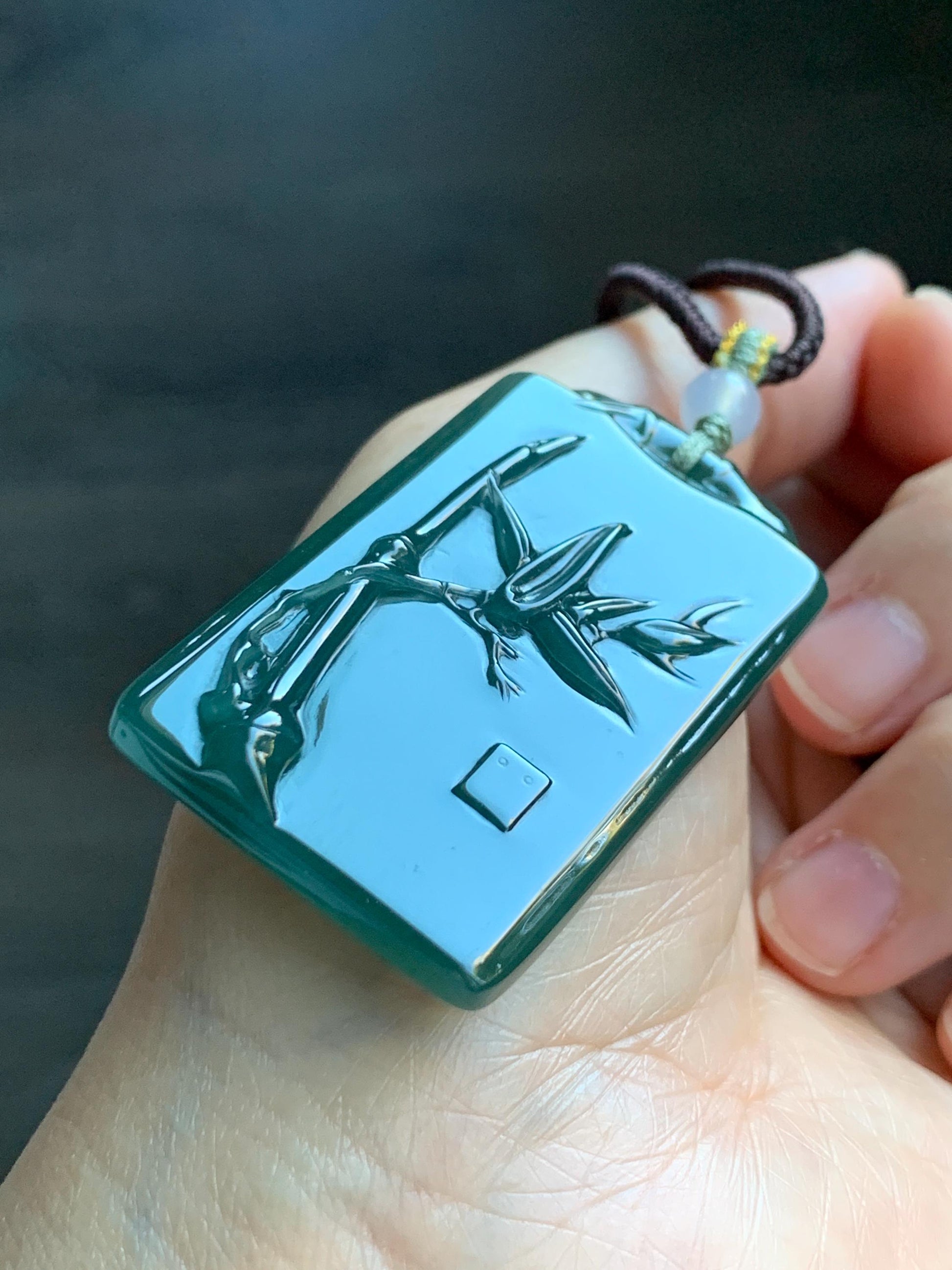 Natural Grade A Guatemalan Icy Translucent Dark Teal Green Jade Jadeite Carved Bamboo Pendant Rope Necklace 24.5" 24g 天然冰危湖水绿翡翠竹节牌吊坠WZJ282