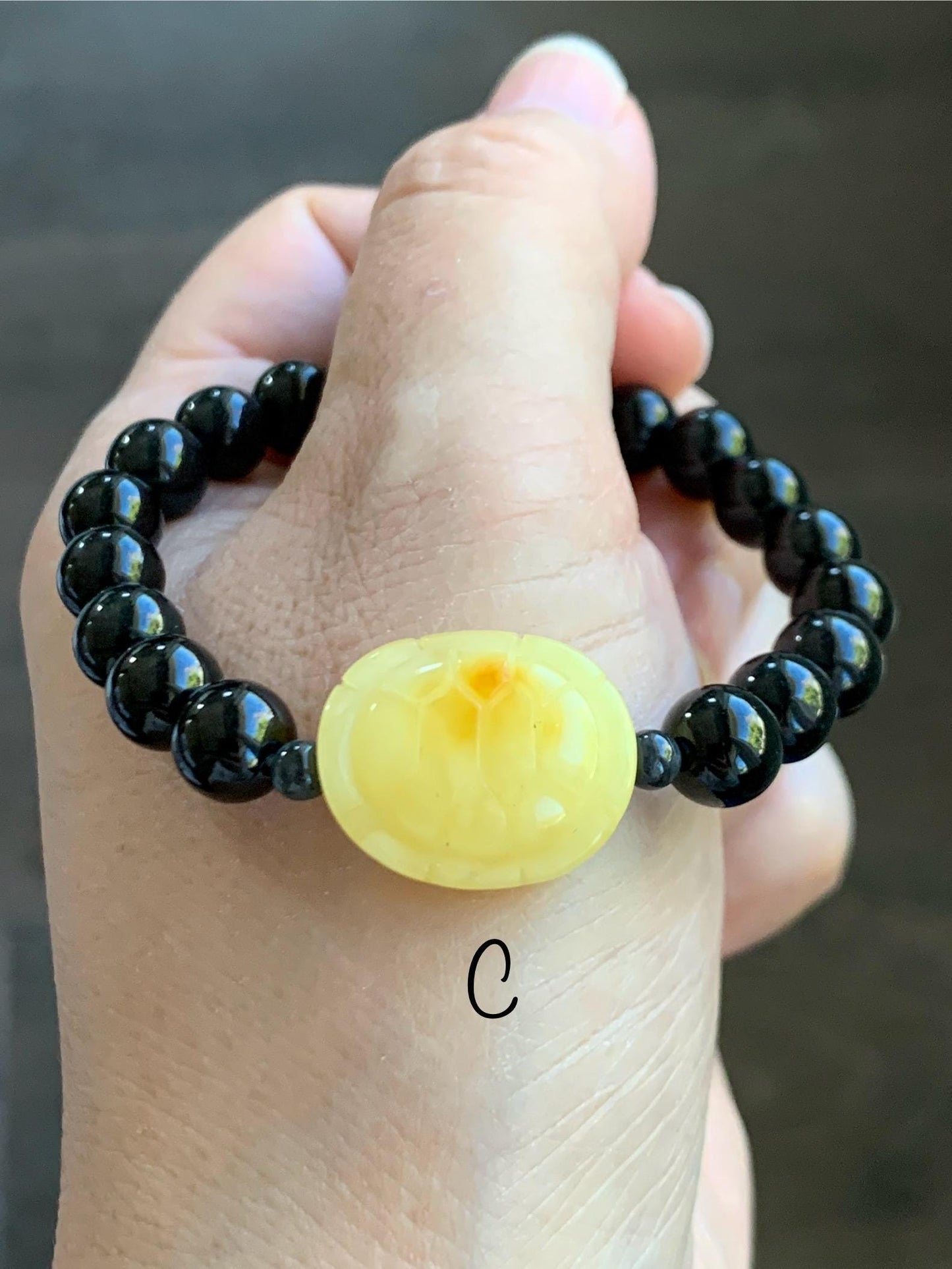Natural Grade A Opaque Black Jade Jadeite Natural Tree Resin Carved Turle Shell Beaded Bracelet 8mm 6.25” 6.75” 7” 天然墨翠圆珠蜜蜡富甲手串 MHP