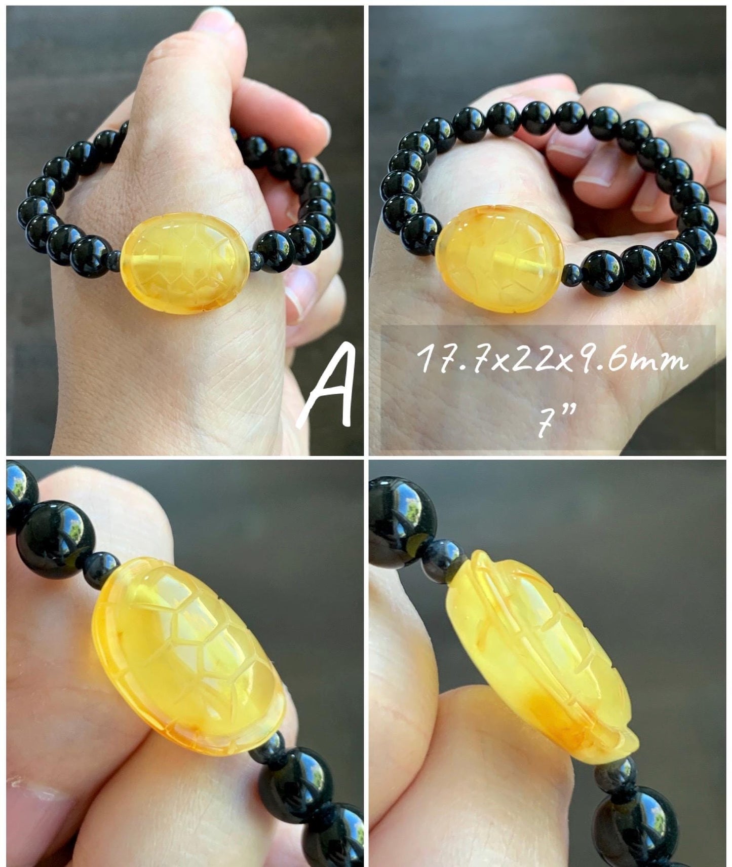 Natural Grade A Opaque Black Jade Jadeite Natural Tree Resin Carved Turle Shell Beaded Bracelet 8mm 6.25” 6.75” 7” 天然墨翠圆珠蜜蜡富甲手串 MHP
