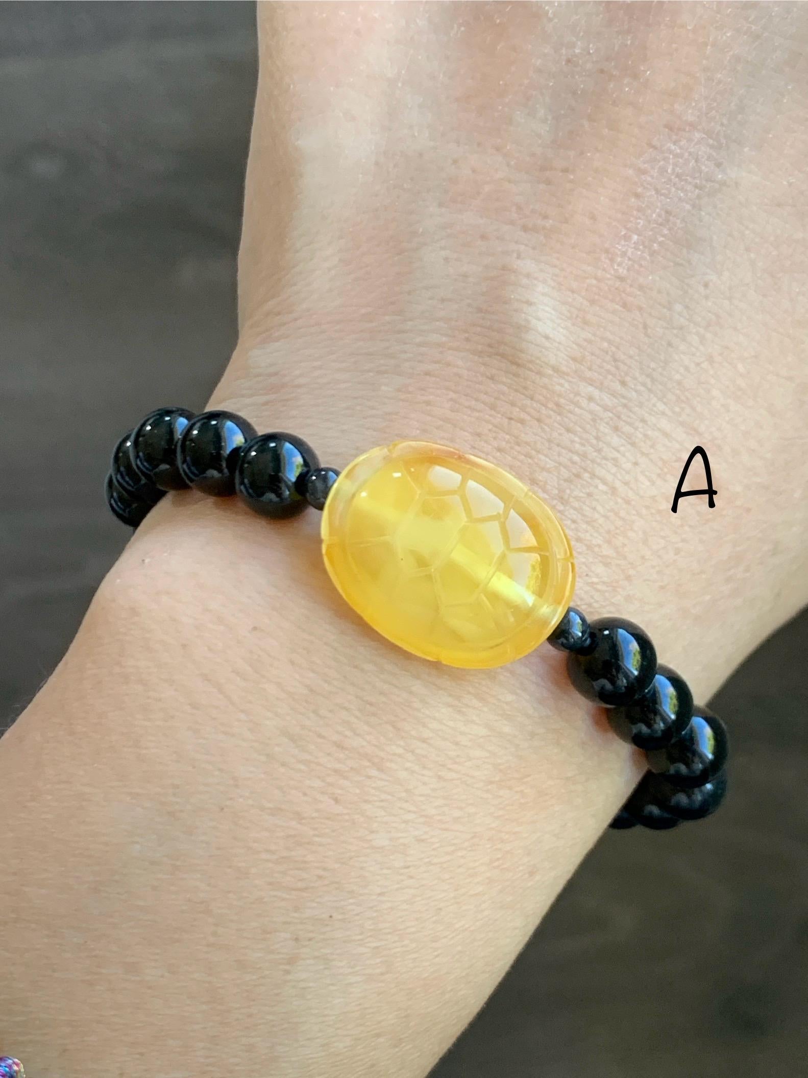 Natural Grade A Opaque Black Jade Jadeite Natural Tree Resin Carved Turle Shell Beaded Bracelet 8mm 6.25” 6.75” 7” 天然墨翠圆珠蜜蜡富甲手串 MHP