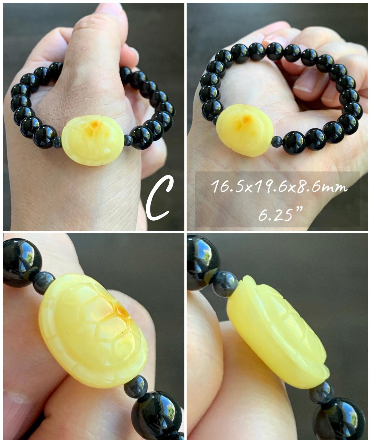 Natural Grade A Opaque Black Jade Jadeite Natural Tree Resin Carved Turle Shell Beaded Bracelet 8mm 6.25” 6.75” 7” 天然墨翠圆珠蜜蜡富甲手串 MHP
