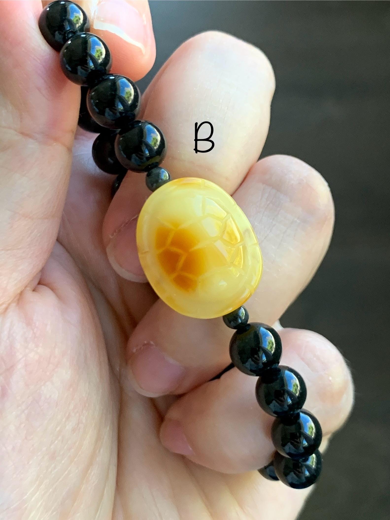 Natural Grade A Opaque Black Jade Jadeite Natural Tree Resin Carved Turle Shell Beaded Bracelet 8mm 6.25” 6.75” 7” 天然墨翠圆珠蜜蜡富甲手串 MHP